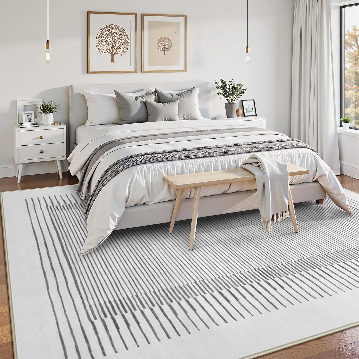 Wonnitar Striped 9x12 Rugs for Living Room, Non-Slip Soft Grey Berber Stripe Bedroom Rug, Low Pile Minimalist Floor Carpet for Dining Room Living Room Department (Grey,9' x 12')