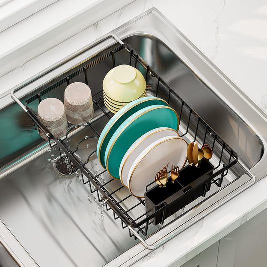 Expandable Dish Drying Rack in Sink, Adjustable Stainless Steel Rustproof Grip Handles Dish Rack Over The Sink, Dish Strainer with Drying Tray & Utensil Holder