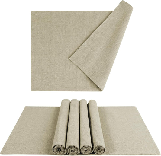 MANSPHIL Cloth Placemats Set of 6, Double Layer Faux Linen Place Mats Heat Resistant Washable Table Mats for Dining Kitchen Indoor Outdoor Use - 13x19 Inch Beige
