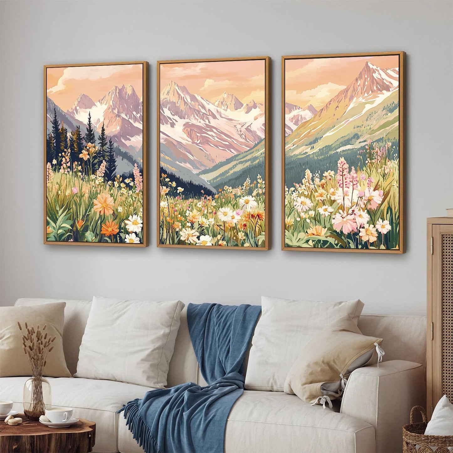 SIGNINART Vintage Floral Framed Canvas Wall Art Set, Large Mountains Nature Landscape Wall Decor, Bohemian Wildflower Forest Artwork, Pink Ridge Art Printing for Living Room Bedroom Office 16"x24"x3