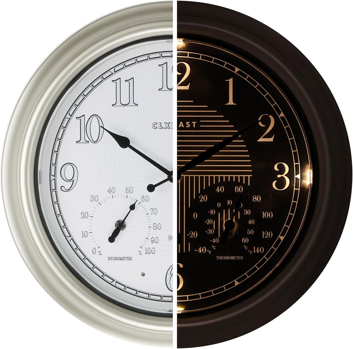 CLXEAST 18 Inch Illuminated Outdoor Indoor Atomic Analog Wall Clock with Temperature & Humidity Combo, Lighted Outdoor Clocks for Patio Large Waterproof with Thermometer, Modern Morning Silver/Gold