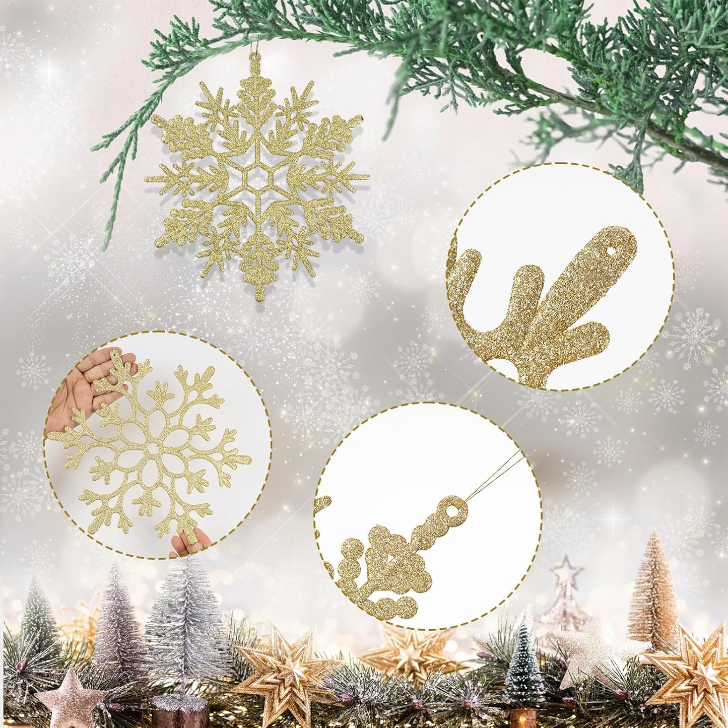12pcs Large Christmas Snowflakes Decorations, 12" Big Plastic Glitter Gold Snowflake Ornaments for Winter Indoor Outdoor Christmas Tree Holiday Window Room Decor Craft Snowflakes