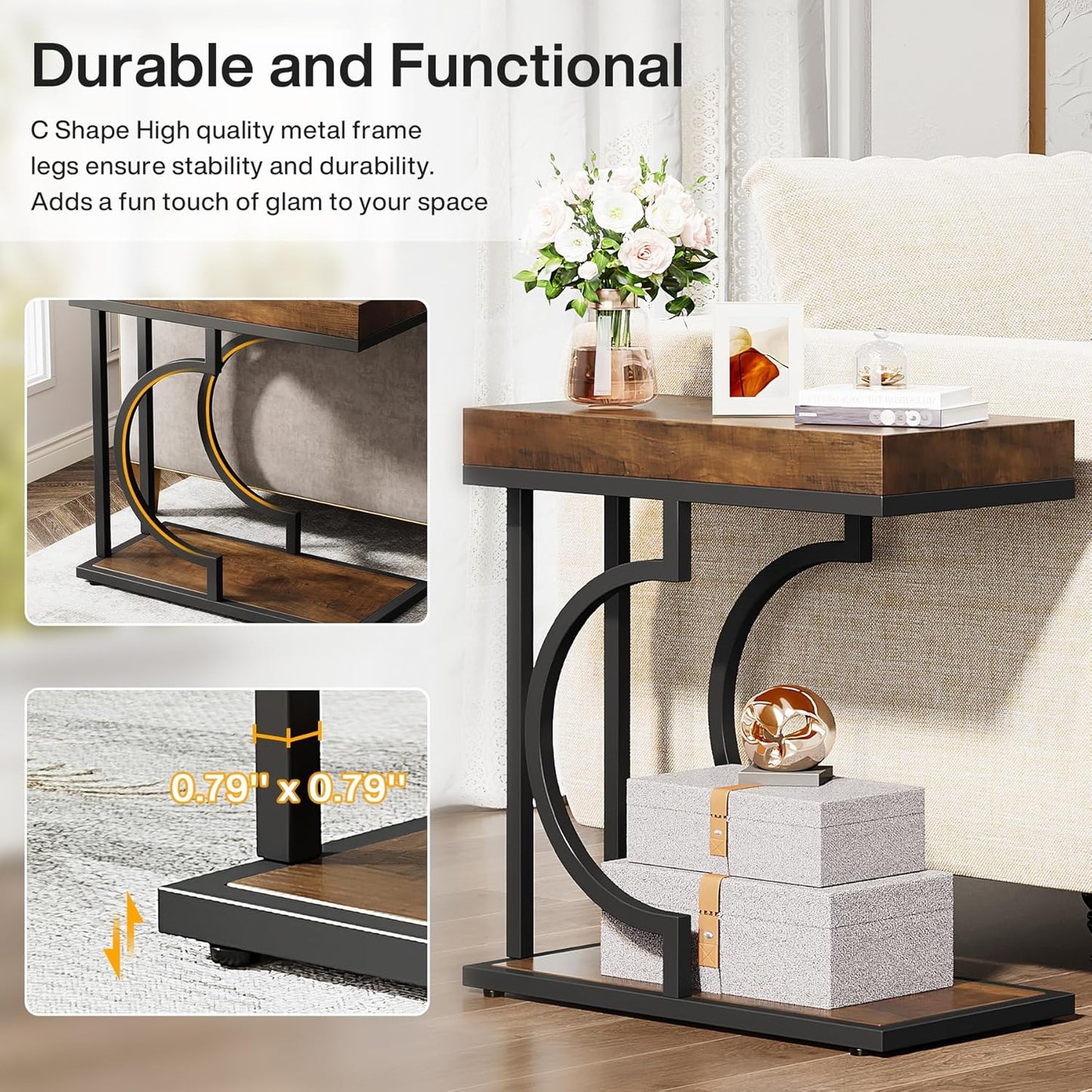 Tribesigns Side Table Set of 2 Narrow C Shaped End Table Modern Bedside Tables for Couch, Small Sofa Chairside Table with Metal Frame for Living Room (2, Brown+Black)