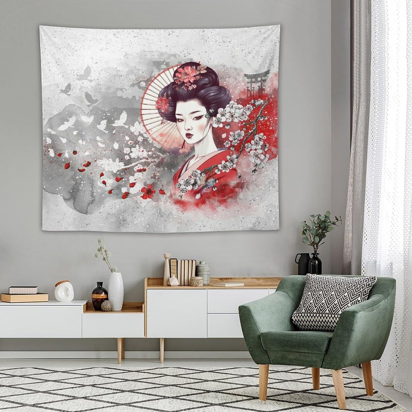 Japanese Geisha Tapestry Asian Red Cherry Blossom Traditional Kimono Folk Tapestries Home Decor for Living Room Bedroom Apartment Farmhouse Dorm 60"x50"