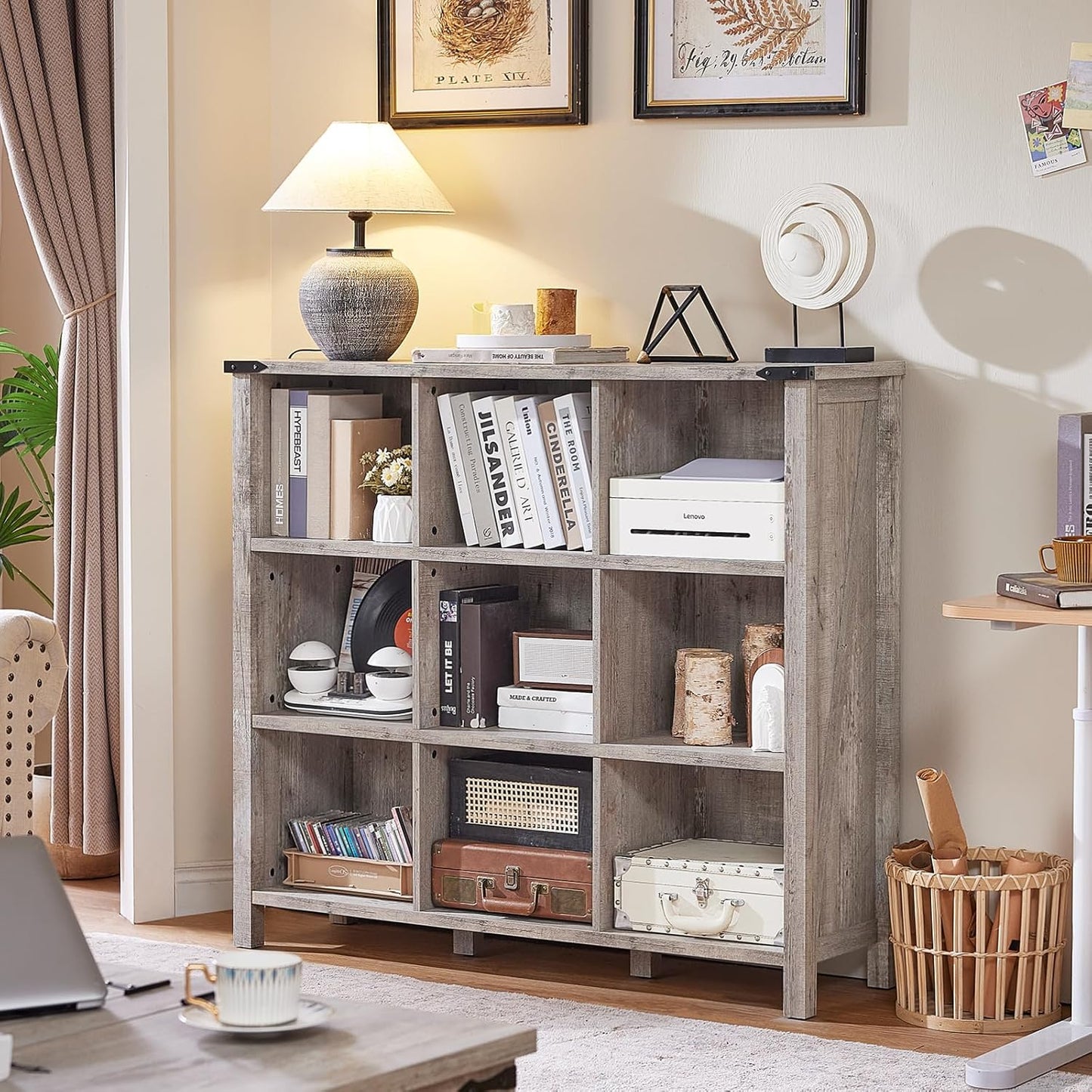 9 Cube Bookcase, Farmhouse 47 Inch Wide Grey Oak Bookshelf, Wooden 3 Tier Display Large Open Book Shelf, Vintage Horizontal Book Case for Home Office, Cubby Storage Cabinet for Living Room