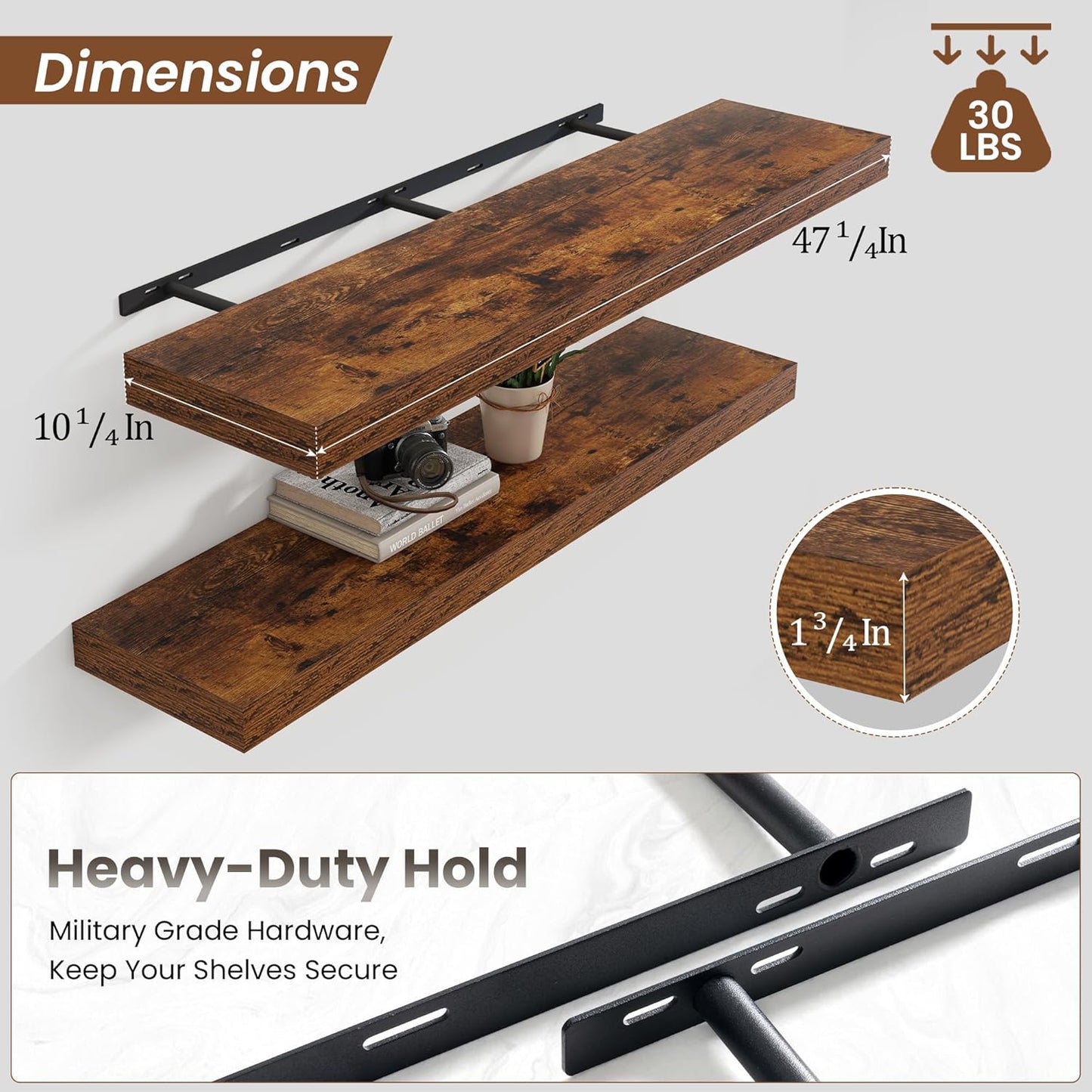 Heimlove 48" Floating Shelves for Wall,10 Deep Rustic Brown Wood Display & Storage Wall Shelves with Heavy Duty Brackets for Bathroom,Bedroom,Kitchen,Living Room,Office
