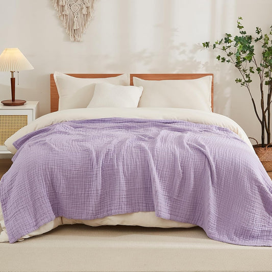 EMME Cotton Blanket Queen Size for Bed Soft Large Muslin Bed Blankets 80"x90" Lightweight Breathable All Season Gauze, Lavender