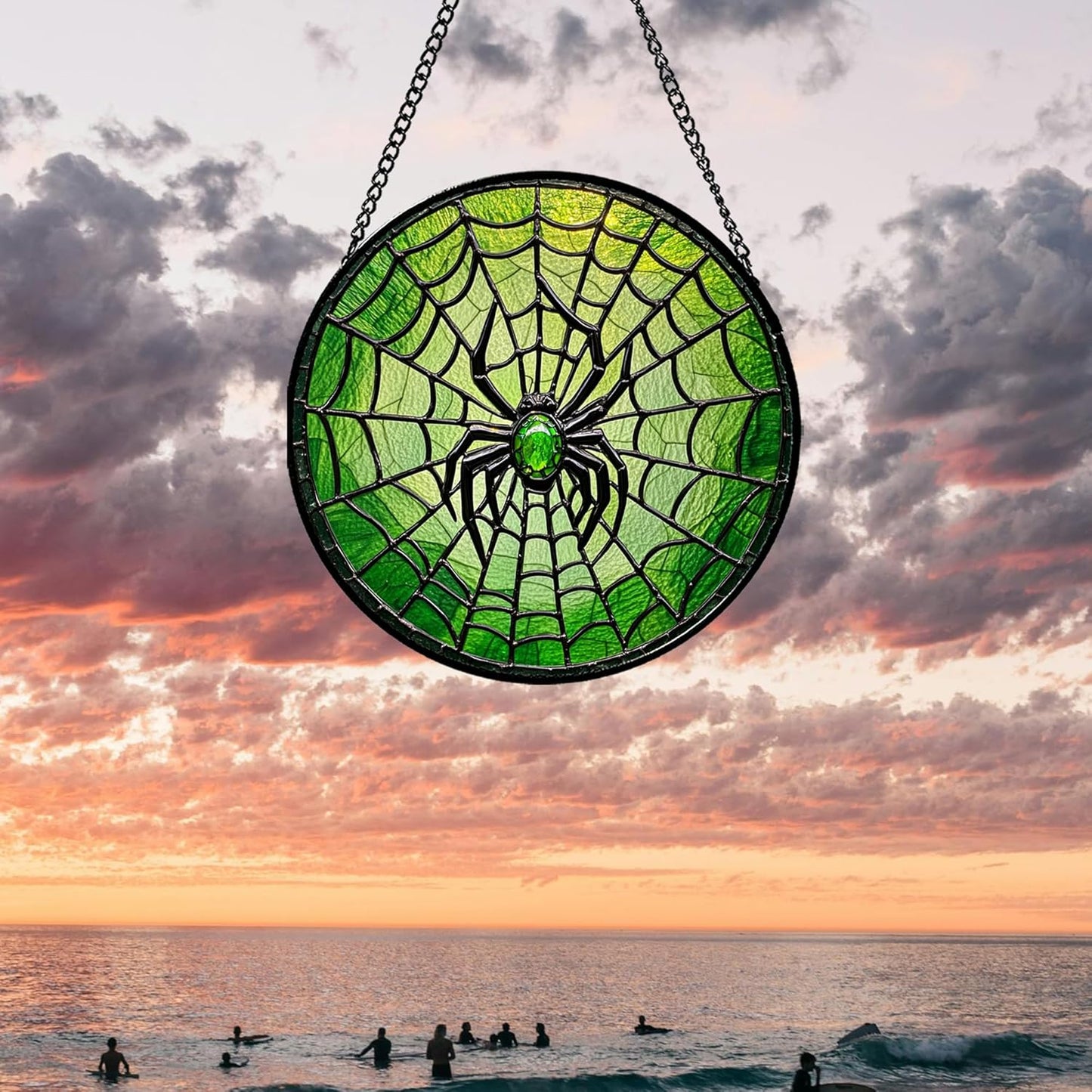 Stained Glass Window Hanging - Black Green Horror Spider Web Suncatcher for Doors Garden Patio Sun Catchers Decor Christmas Halloween Birthday Gifts for Women Men Mom Nana Friend 7.8 in
