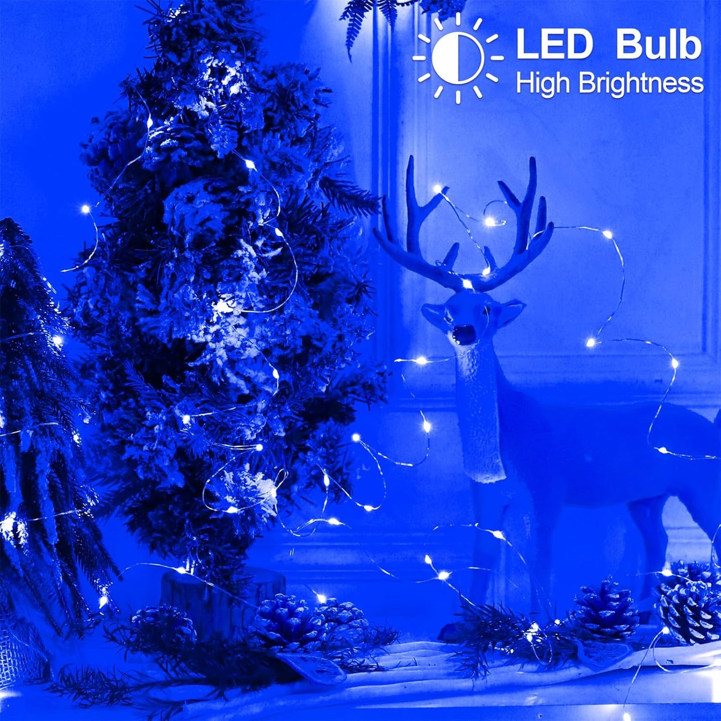 Christmas Decorations Blue Fairy String Lights, Battery Operated with Timer, 2 Pack Total 33FT 100 Led Mini Battery Powered Twinkle Mason Jar Waterproof Firefly Lights DIY Party