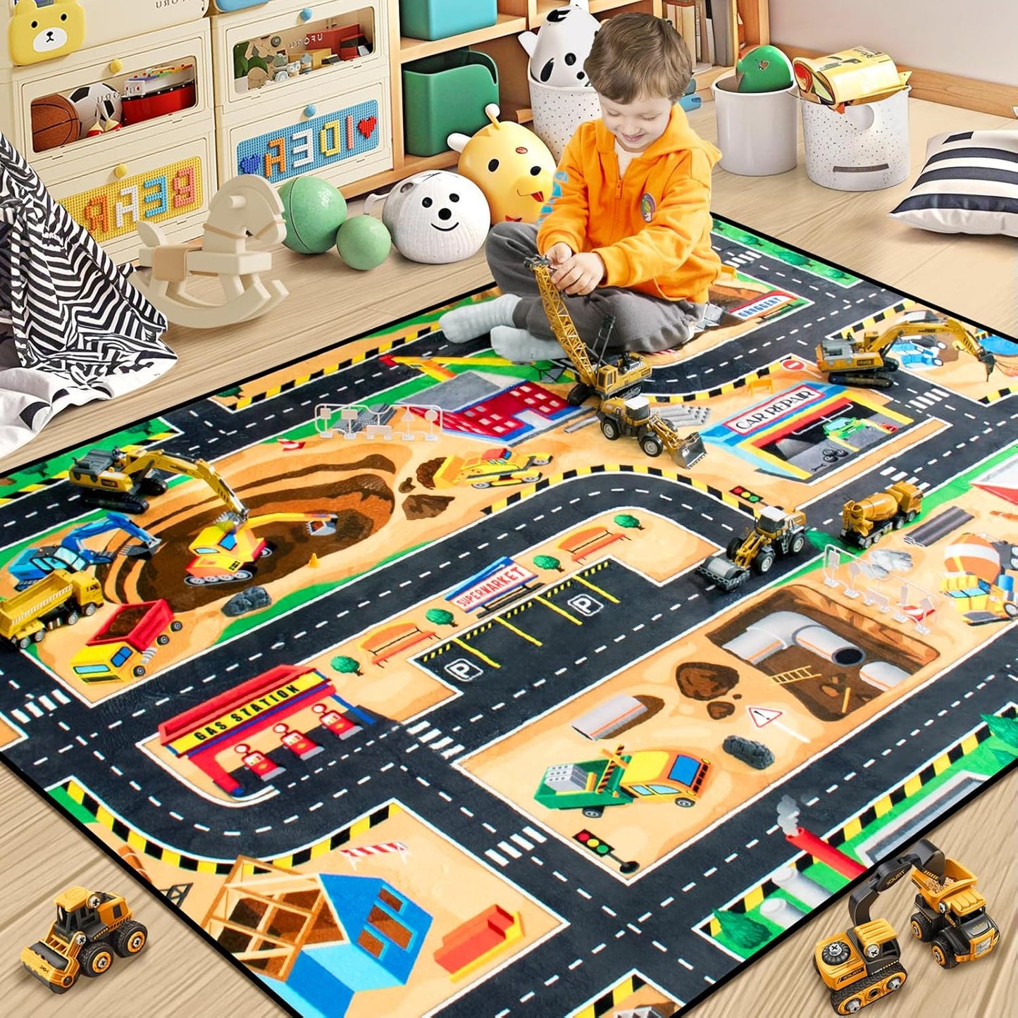 Kids 6x9 Ft Construction Site Play Rug, Baby Play Mat, Tufted Wool & Rubber, Non-Slip, Stain & Fade Resistant, Machine Washable, Rustic Cartoon Construction Site Pattern