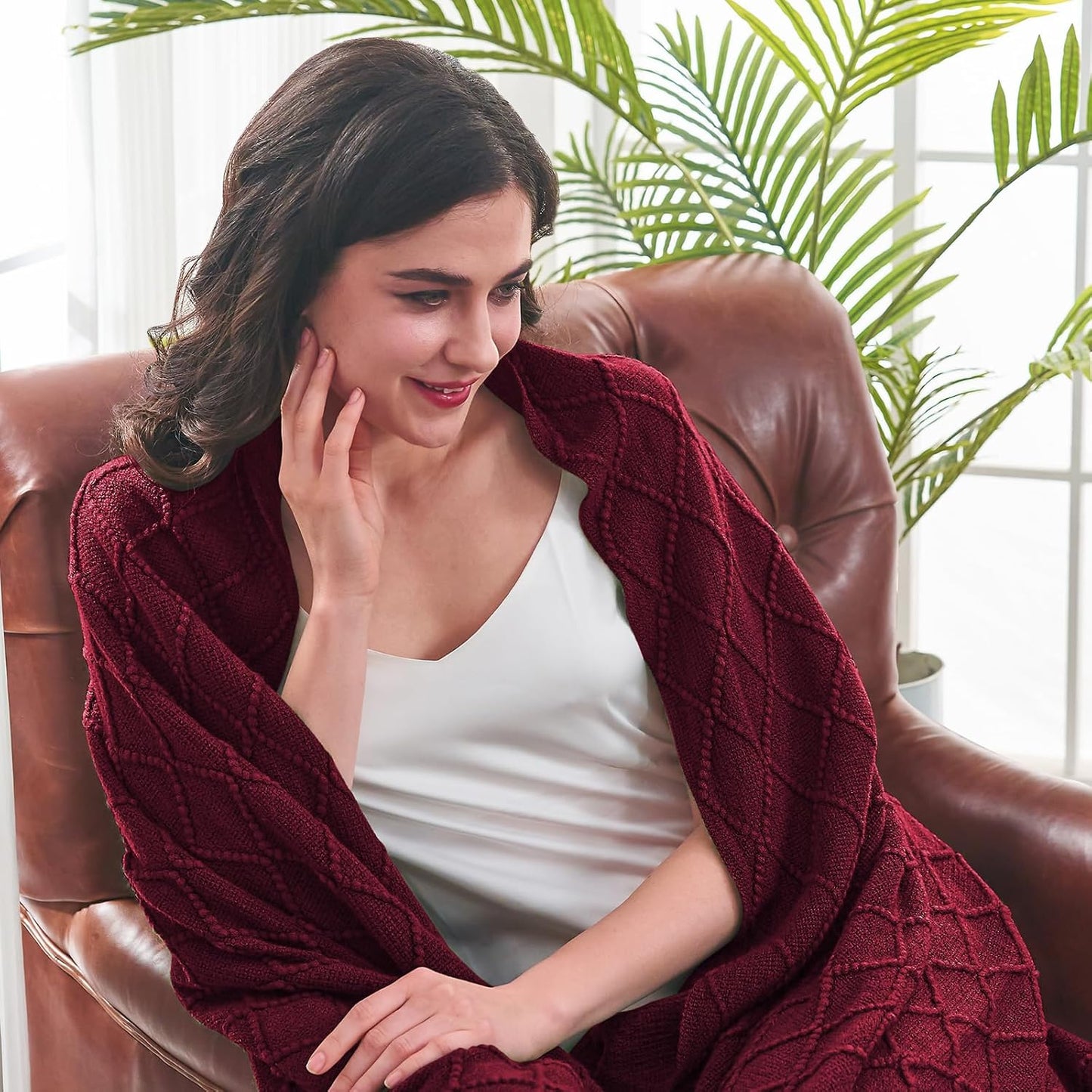 inhand Knitted Throw Blankets for Couch and Bed, Soft Cozy Knit Blanket with Tassel, Claret Lightweight Decorative Blankets and Throws, Farmhouse Warm Woven Blanket for Men and Women, 50"x60"