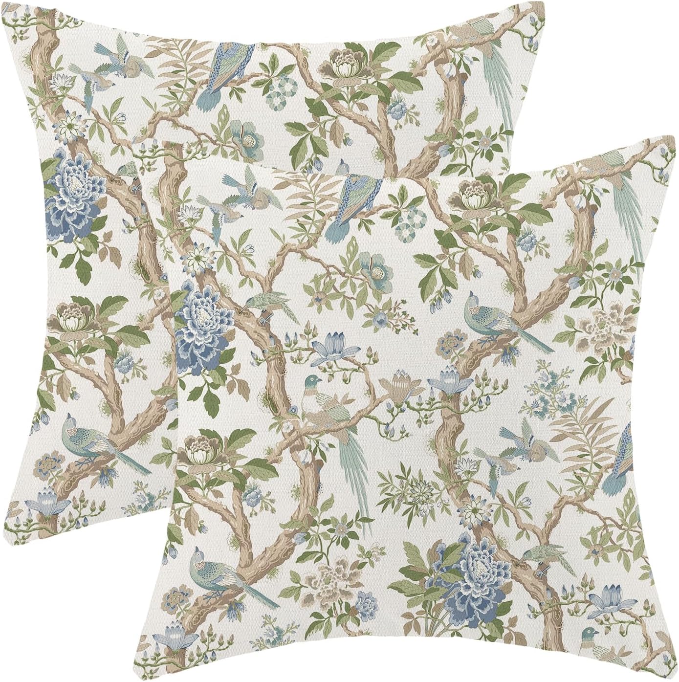 CXMEIFLY Chinoiserie Spring Pillow Covers 18 x 18 Inch Set of 2 for Blue Sage Green Vintage Flowers Bird Decor Throw Pillows Plant Farmhouse Outdoor Decorative Cushion Cases for Couch Bed Decorations