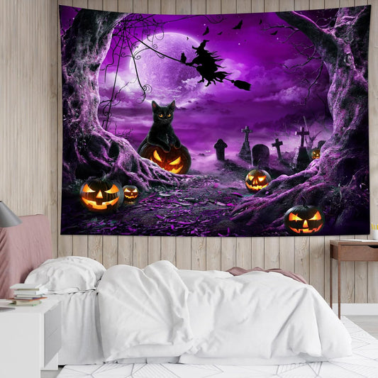 LB Halloween Wall Art - Horror Witch Cat and Dead Tree Pumpkin Lights with Spooky Graveyard Purple Full Moon over Misty Forest Wall Tapestry for Bedroom and Living Room - 80x60 Inches