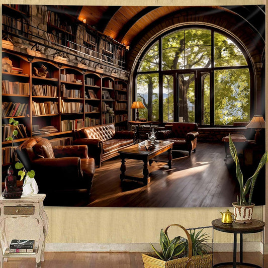 dueeia Book Library Tapestry Wall Hanging Medieval Bookshelf Vintage Window Bookcase Backdrop Wall Decor for Bedroom Aesthetic Living Room Office (59.1"x51.2")