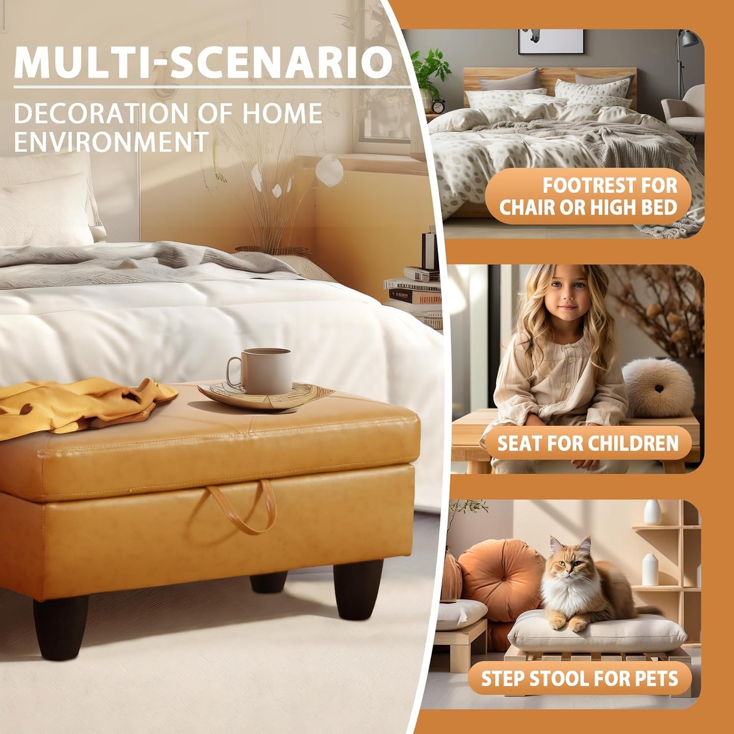 Ottoman Rectangular Storage Ottoman Bench, Faux Leather Footrest, Coffee Table, Stool Footstool with Hinged Lid for Living Room, Bedroom, Entryway, Orange, 28.5"x19"x17.5"