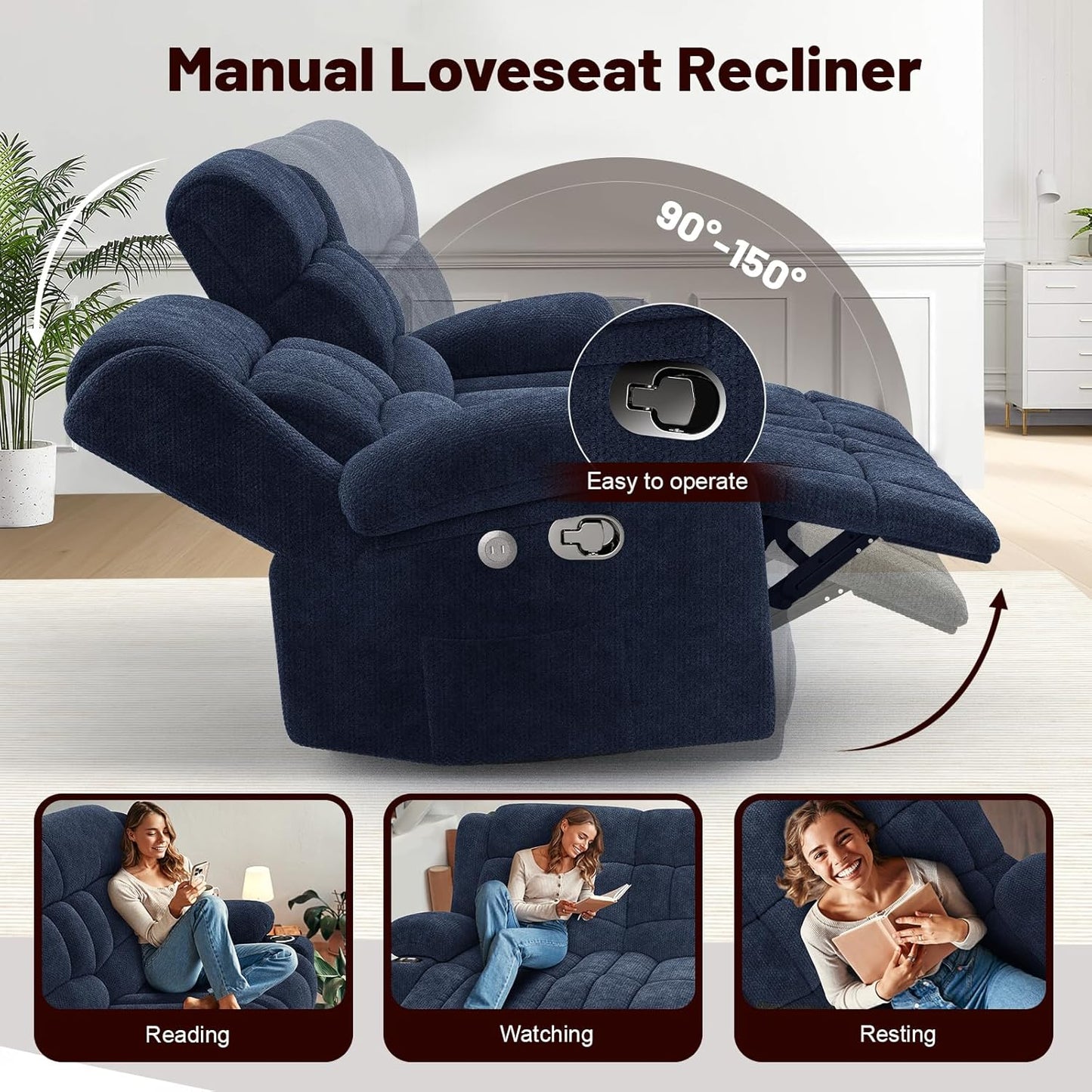 Loveseat Recliner Sofa Set with 2+1 Pieces, 2 Seater Minimalist Style Fabric Manual Pull Tab Reclining Loveseat with USB Charge Ports, Cup Holders, Recliner Couches for Living Room, RV, Blue