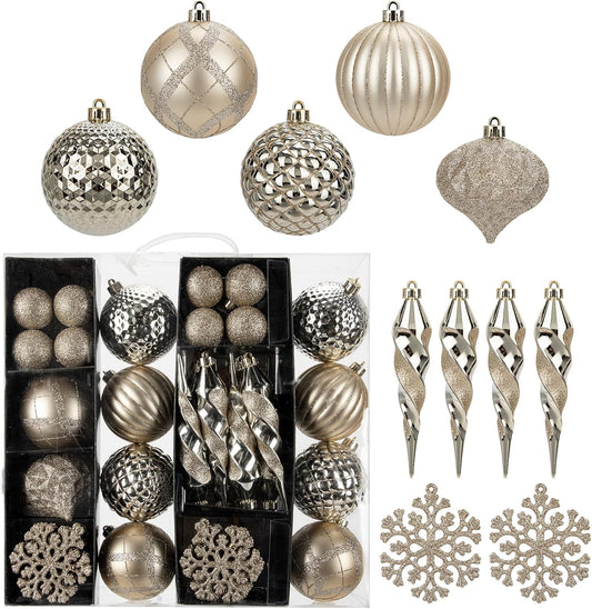 50PCS Christmas Tree Ornaments Set with Shatterproof Balls Icicle Snowflake Hanging Ornaments for Home Office Farmhouse Christmas Decorations, Champagne