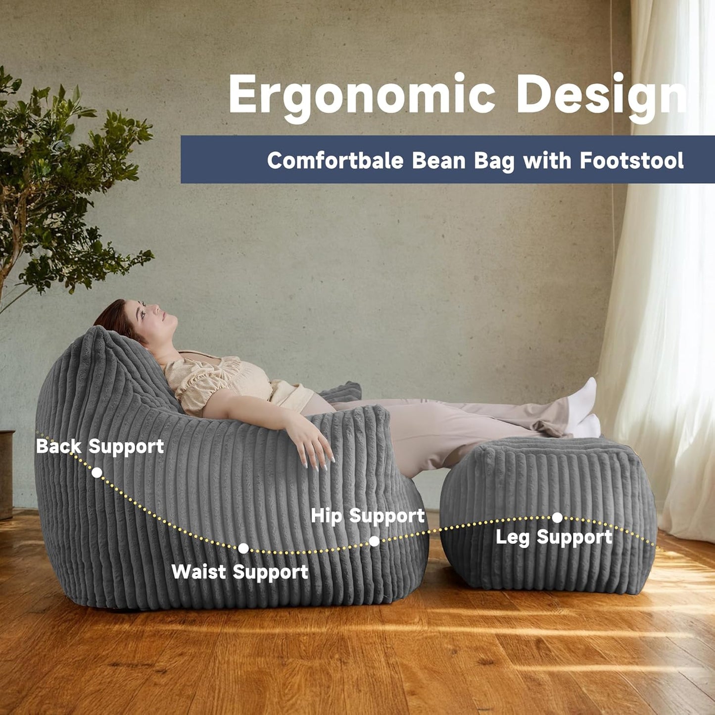 Giant Bean Bag Chairs for Adults, Oversized Chaise Lounge Chair Indoor with Memory Foam - Plush Boneless Lounger & Ottoman for Bedroom, Living Room, Gaming & Reading, Lazy Floor Sofa Chair, Gray