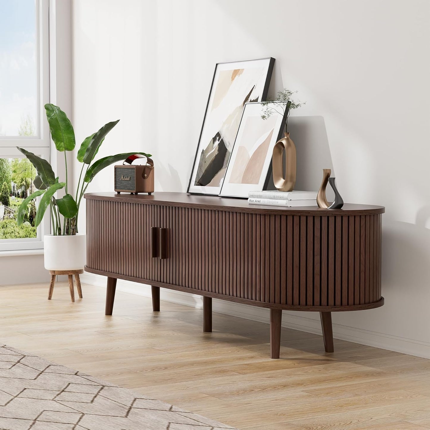 55" Mid Century TV Stand, Fluted TV Stand Fits 32" to 60" TVs. Wood Entertainment Center for Living Room, Farmhouse Modern TV and Media Console Table with Storage, Curved Edge and Sliding Door, Walnut