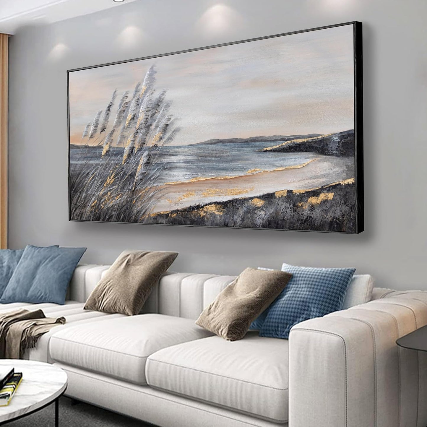 Yuaxker Coastal Wall Art Grey and Gold Wall Decor Trendy Artwork Framed Beach Canvas Painting for Living Room Bedroom Dining Room Office Home Decor 20x40 Inch