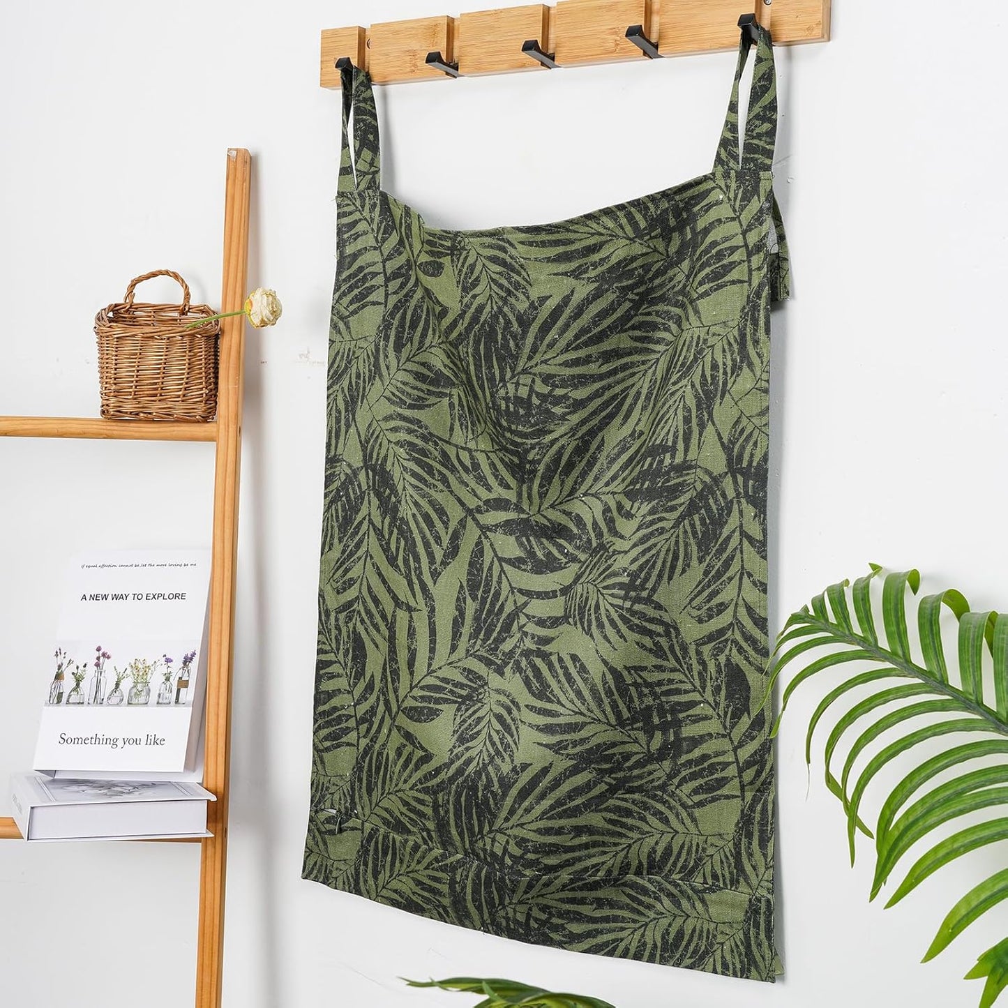 Linen Hanging Laundry Bag, 100% Linen Leaf Print Over The Door Laundry Hamper with Buttons and Zipper, Space Saving Door Hampers for Laundry Dirty Clothes Home Travel, Green, 19.7x27.5inches