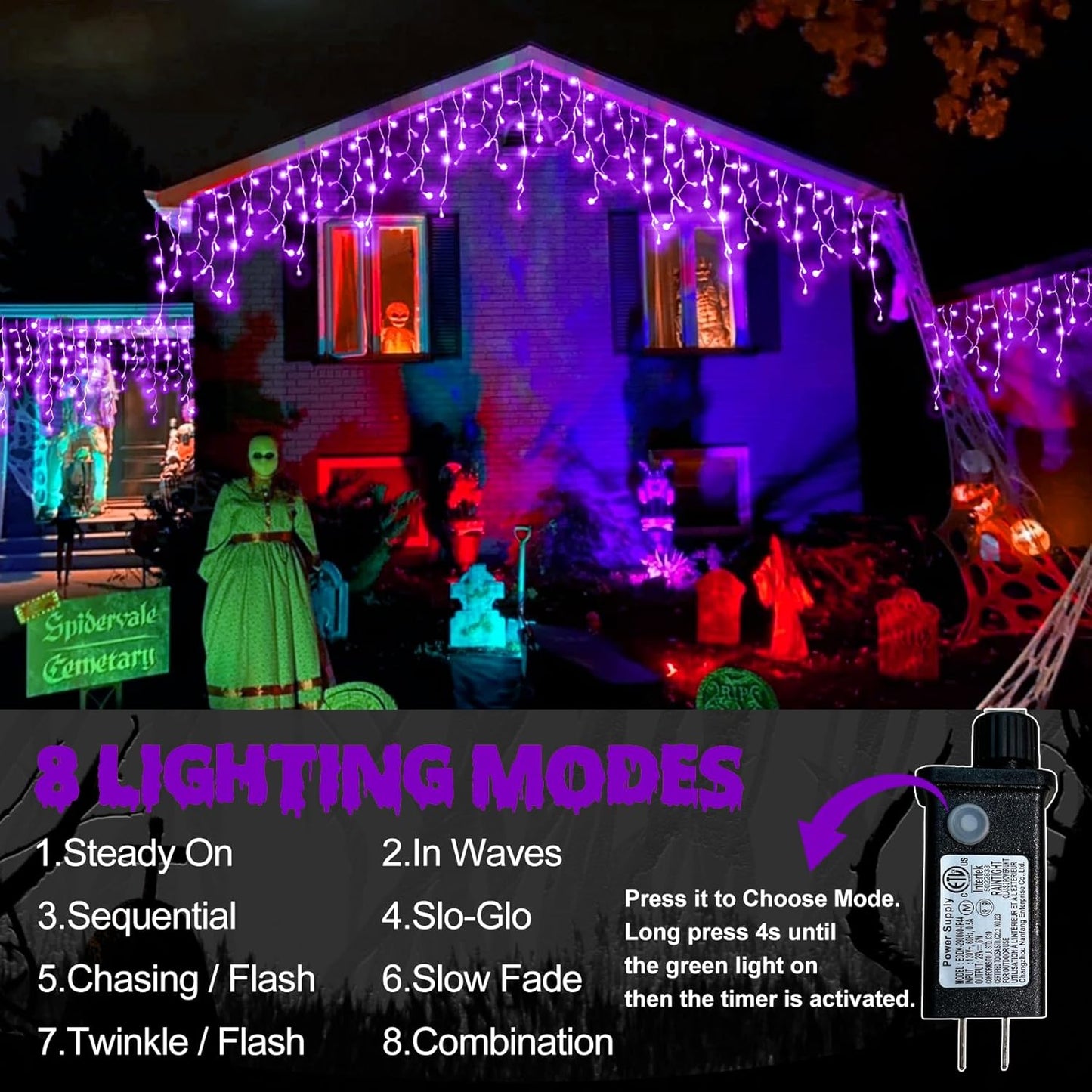 YiYLunneo Halloween Icicle Lights Outdoor, 512 LED 46.5 FT 8 Lighting Modes with Timer & Memory, Curtain Fairy String Lights with 96 Drops for Halloween Decorations Holiday Party Eaves Yard (Purple)