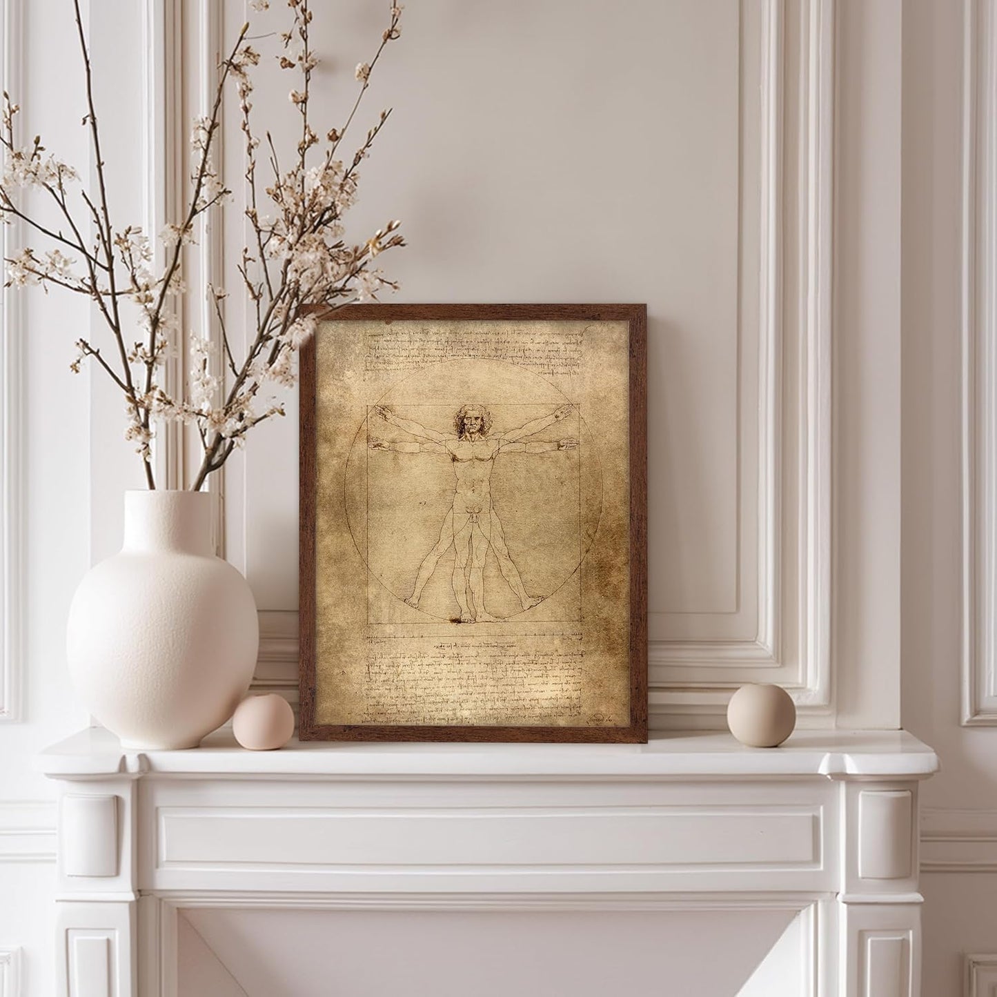 Poster Master Classic Leonardo Da Vinci Poster - Vintage Renaissance Print - Gift for Artist, Friend - Vitruvian Man, Proportion, Symmetry, Human Body - Wall Decor for Office, 11x14 Brown Framed