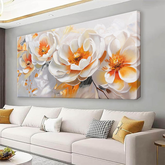 Suconvng Large Wall Art For Living Room Floral Wall Artwork Modern Canvas Art Wall Decor 29" X 58" Painting Orange White Flower Wall Art For Bedroom Home Office Dining Room Home Decoration