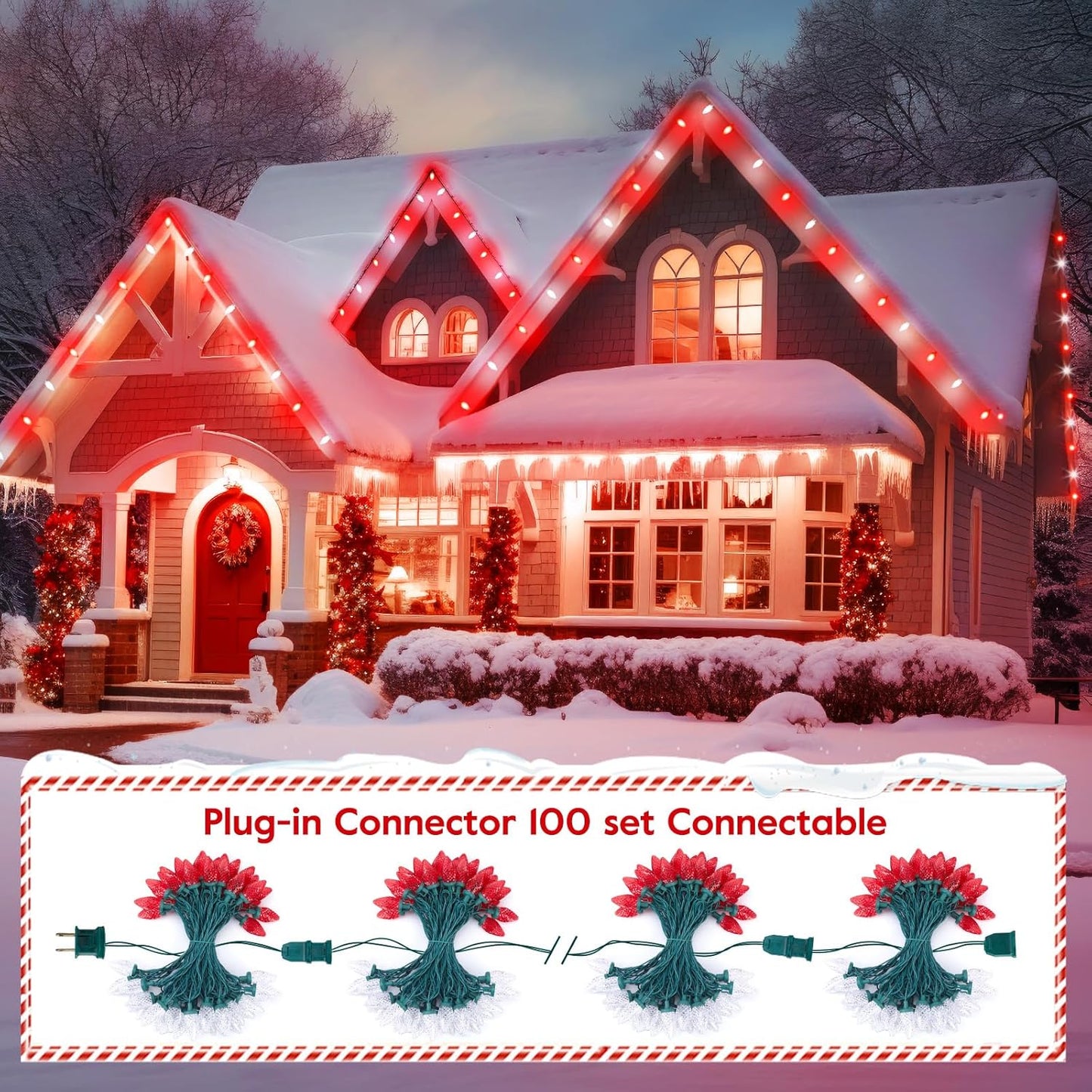 Brightown Red and Warm White C9 LED Christmas String Lights, 33ft 50 LED Waterproof Strawberry String Lights, Plug-in Extendable Green Wire Lights String for Outdoor Indoor Patio Party Decoration