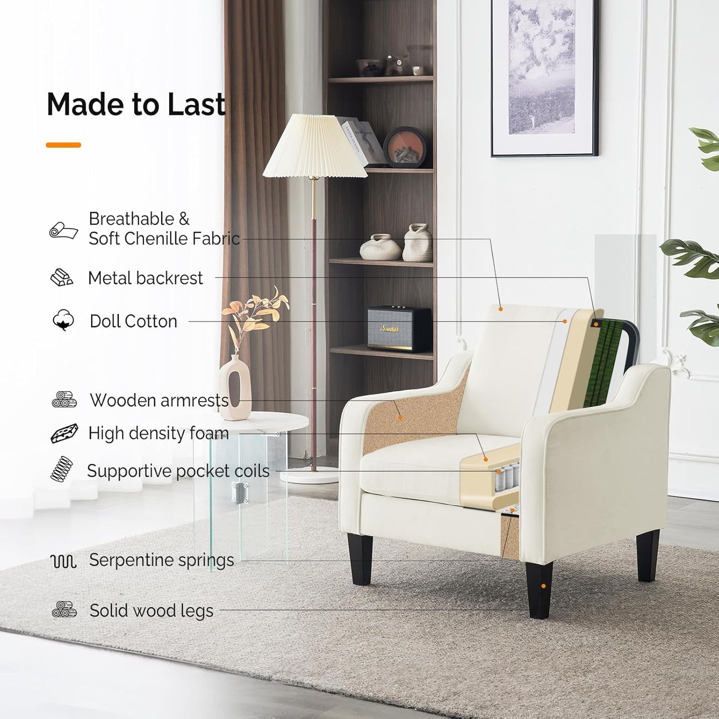 VINGLI Mid Century Modern Accent Chairs for Living Room, Cream White Comfy Reading Chair Soft Chenille Sofa Chairs Upholstered Side Armchair for Living Room, Bedroom, Apartment