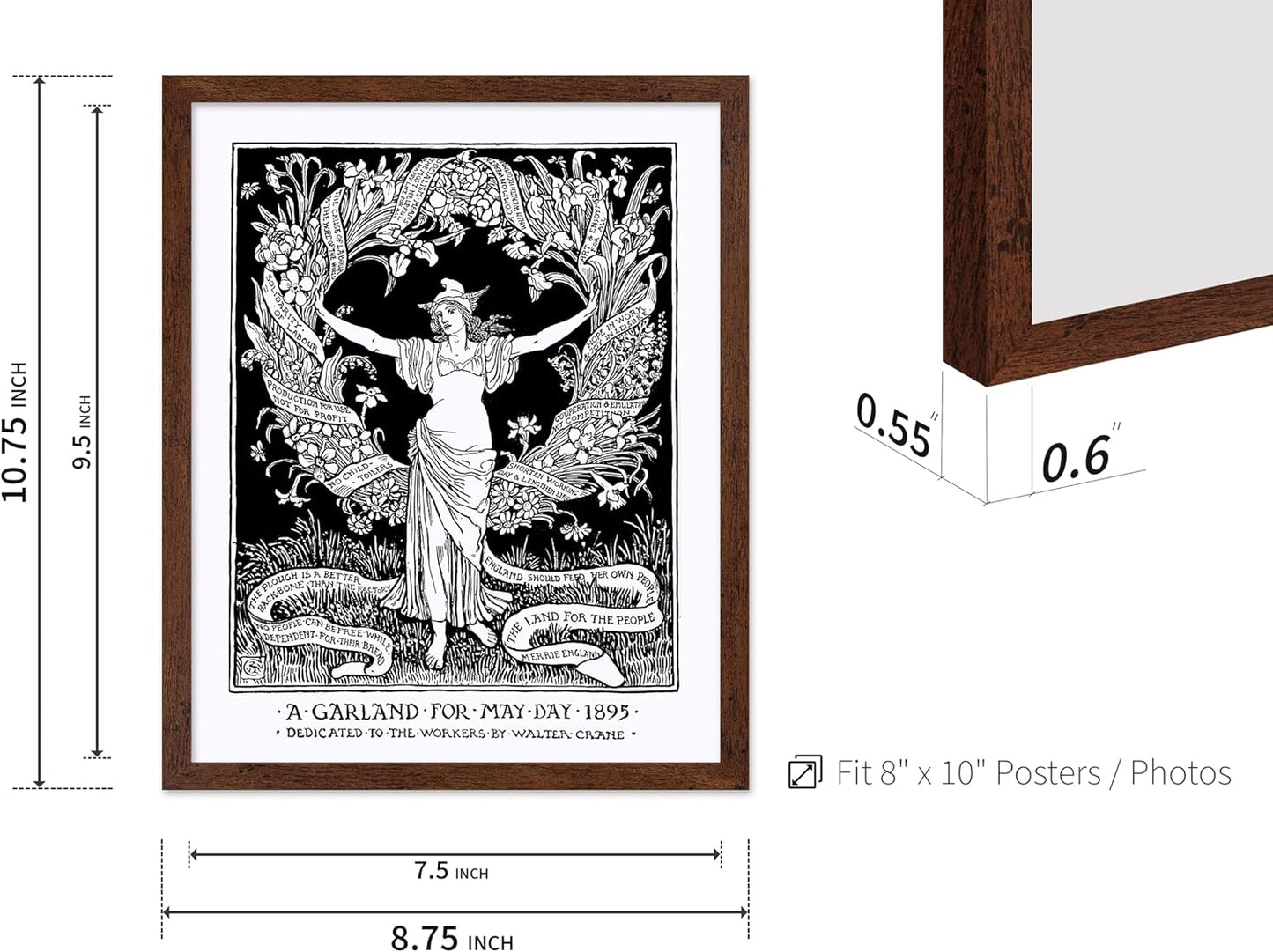 Poster Master Vintage Walter Crane Poster - Retro A Garland for May Day Print - Socialist Art - Gift for Him, Her, Men, Women - Wall Decor for Home, Office, Living Room, 8x10 Brown Framed