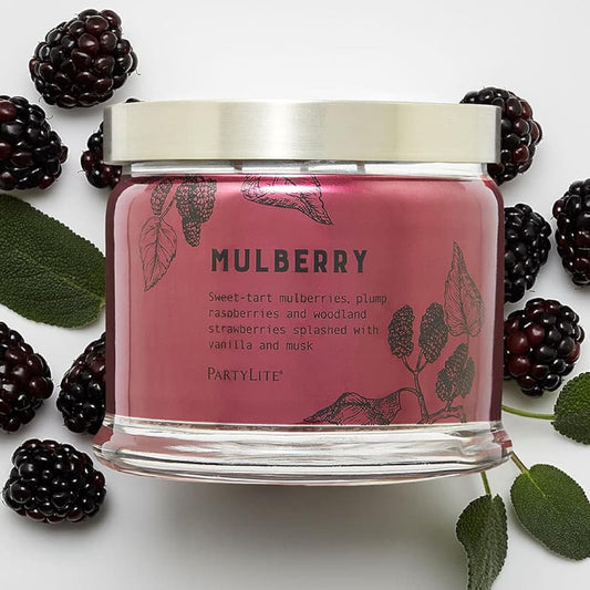PartyLite Mulberry Scented, Notes of Tart Black Currant, Sweet Blackberry, Juicy Mulberry & Jewels of Pomegranate, 13.2oz 3-Wick Jar Candle, 45 Hour Burn Time, Luxurious Fragrance, Perfect for Gifting