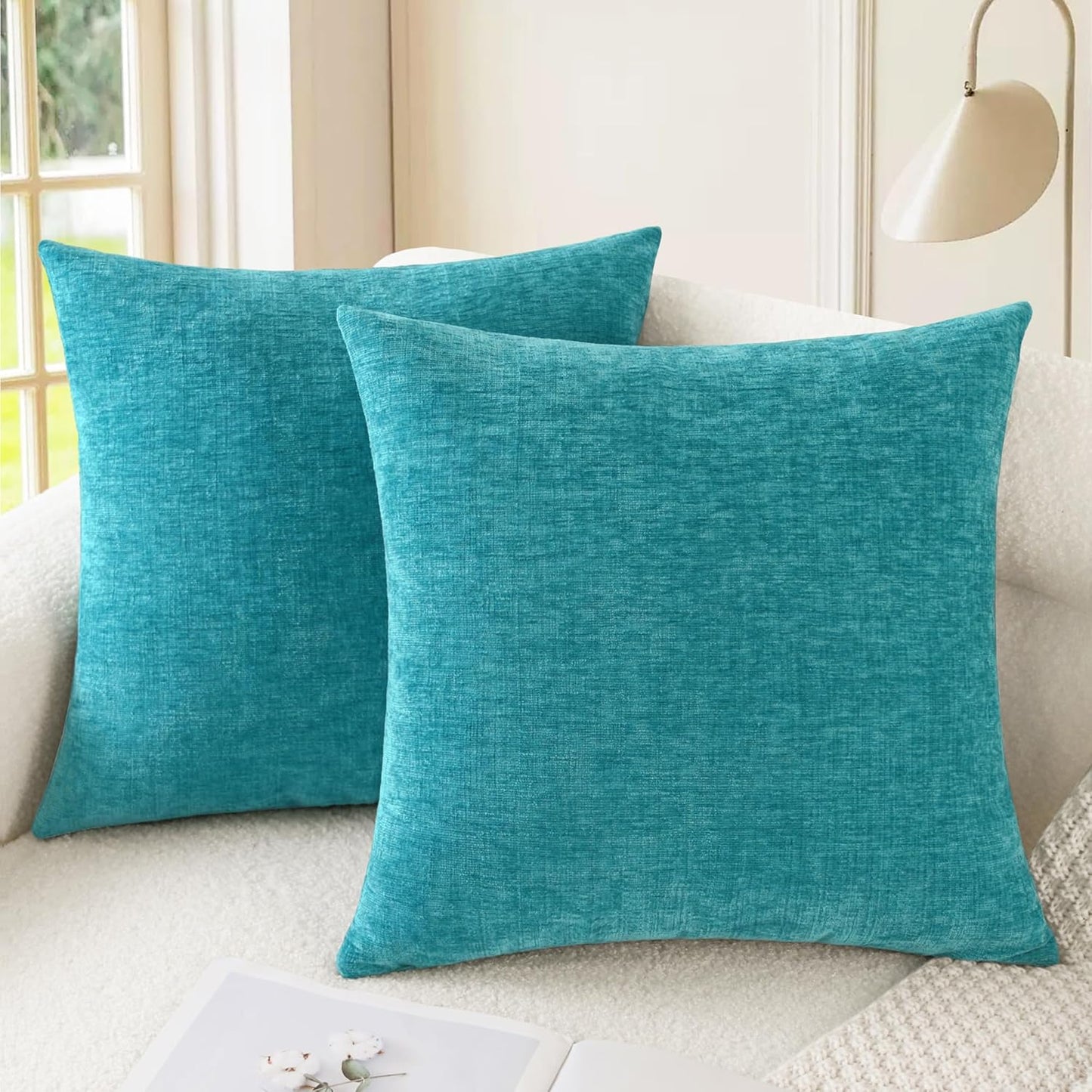 CaliTime Throw Pillow Covers Decorative 16 X 16 Inches Pack of 2 Cozy Chenille Cushion Cases for Couch Sofa Bed Living Room Home Lake Blue