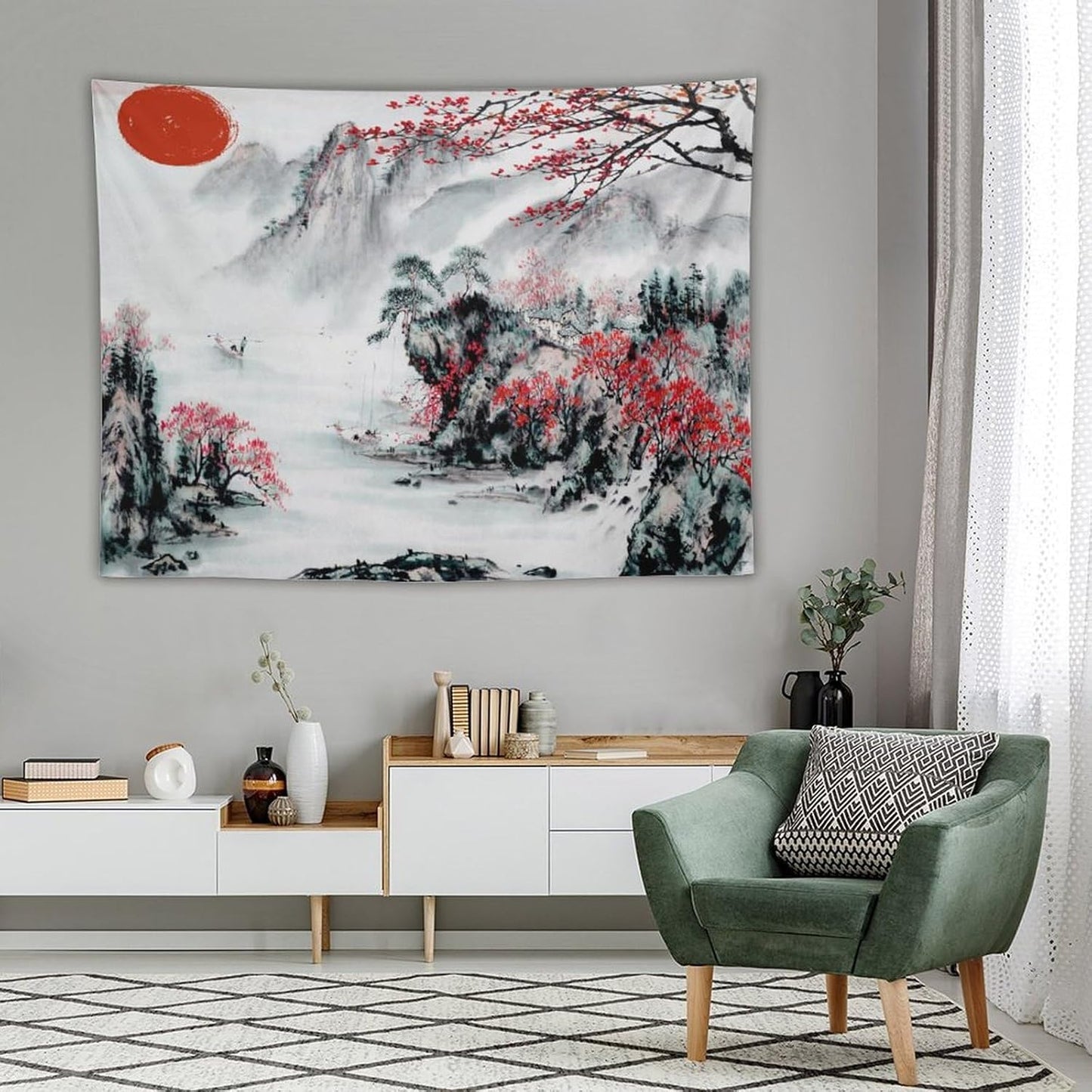 Cherry Blossoms Tapestry,Japanese Red Landscape Asian Watercolor Abstract Art Tapestry, Asian Japanese Wall Tapestry, Nature Landscape Tapestries for Bedroom Living Room Decor 80"x60"