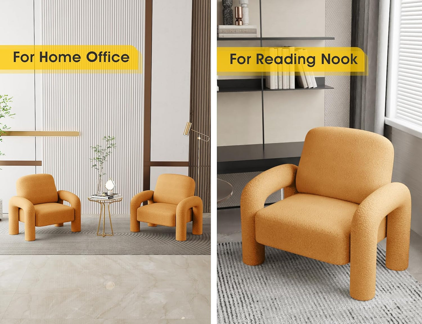 Modern Sherpa Accent Chair, Teddy Upholstered Arm Single Sofa, Cozy Fluffy Reading Chair for Living Room, Bedrooms, Corner (Yellow)