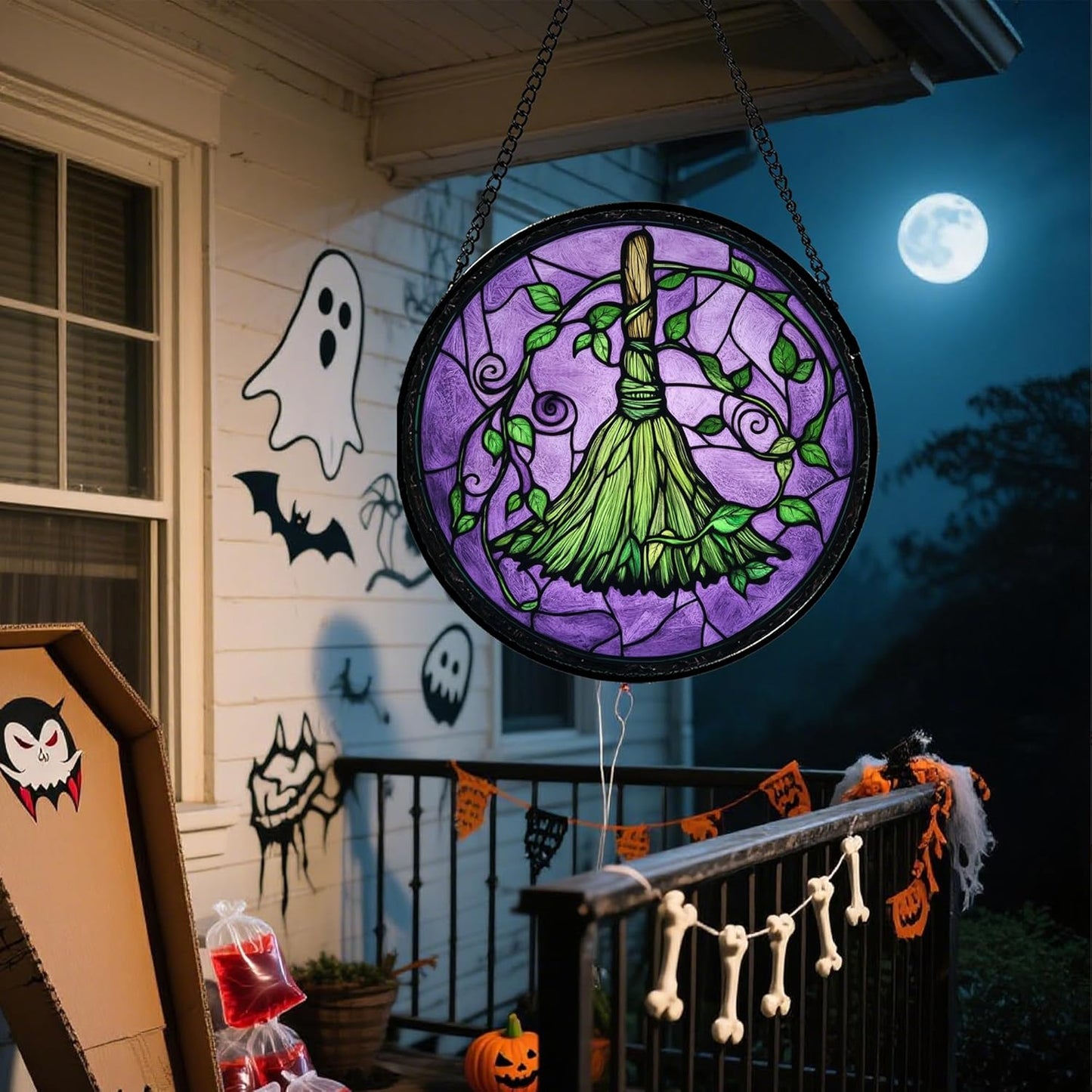 Stained Glass Window Hanging - Halloween Decorations Witch Magic Broom Suncatcher for Doors Garden Indoor Funny Spooky Sun Catchers Gothic Decor Horror Gifts for Women Men Friend 9.8 in