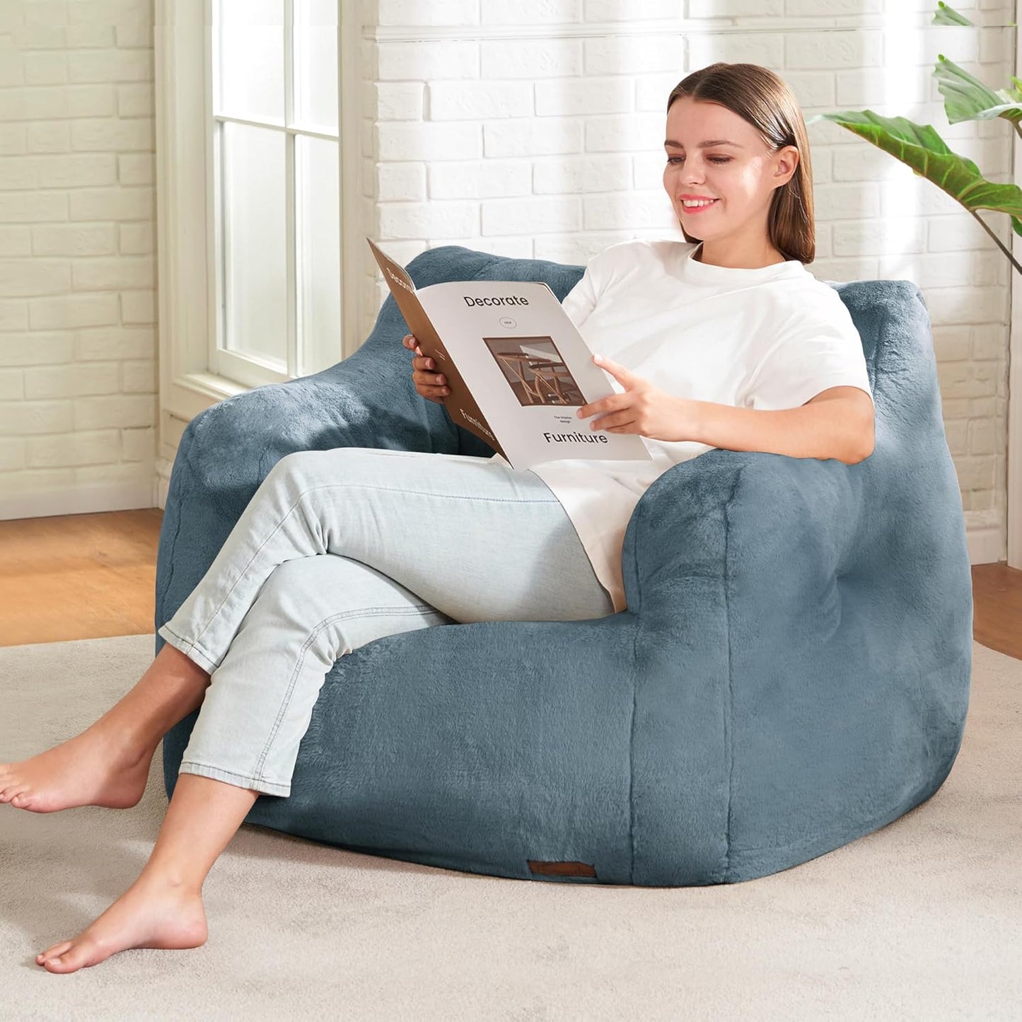 Hobestluk Bean Bag Chair for Adult Small Bean Bag Chairs with Arms Furry Beanbag Chair with Foam Filler Stuffed Bean Bag Sofa for Reading in Bedroom Living Room and Dorms (Blue Grey)