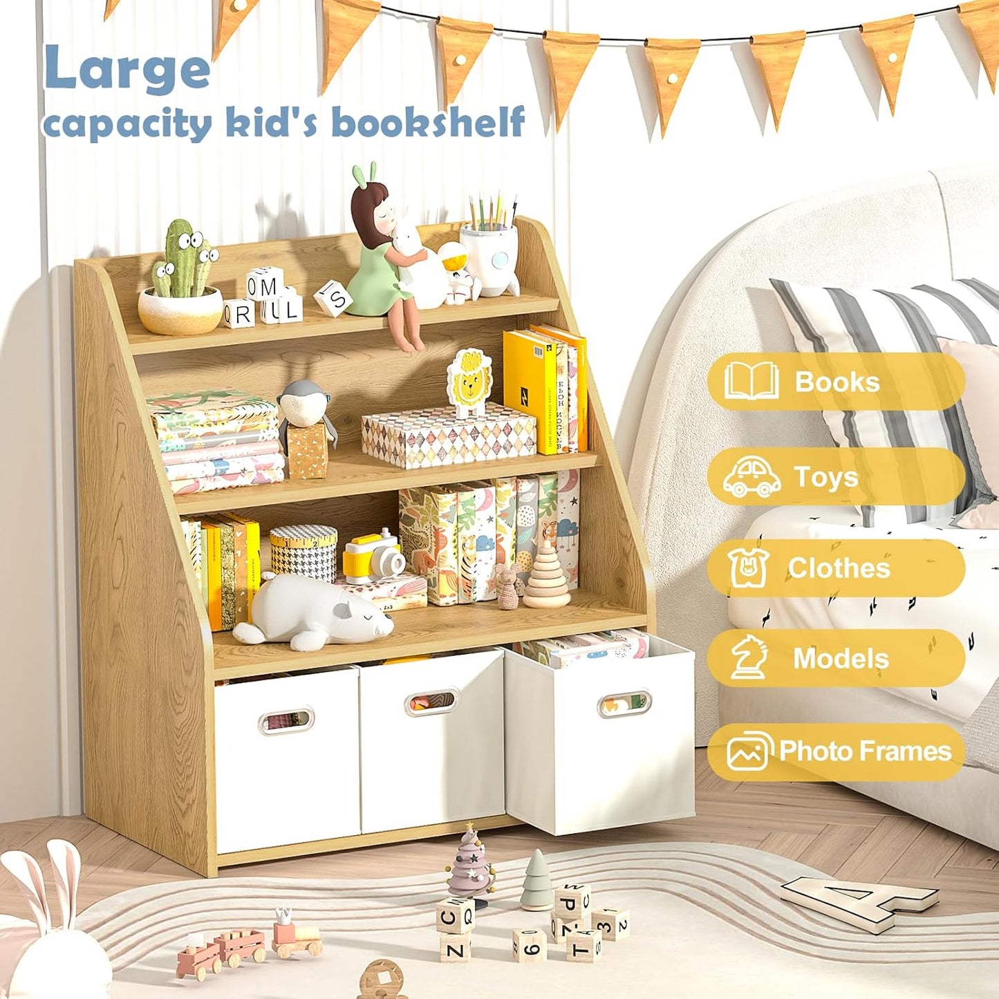 Kids Bookshelf and Toy Organizer, Wooden Kids Bookcase, Toddler Montessori Bookshelf with 3 Movable Drawers, Toy Storage Organizer for Kids Room, Living Room, Nursery