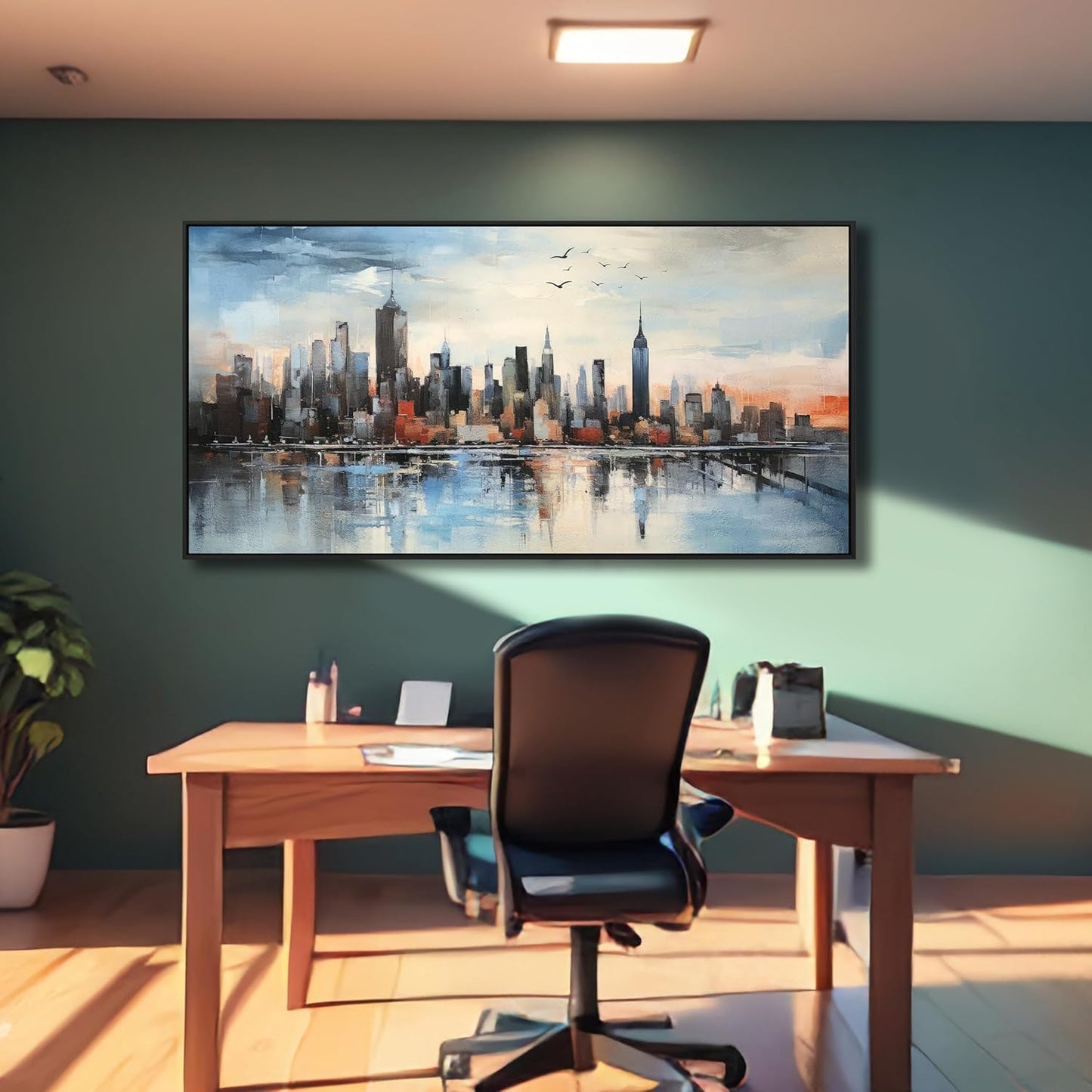 Wall Art Framed Abstract Cityscape Wall Decor Canvas Prints Blue Colorful City Theme Paintings Modern Artwork for Living Dining Room Bedroom Office Decoration 20"x40"