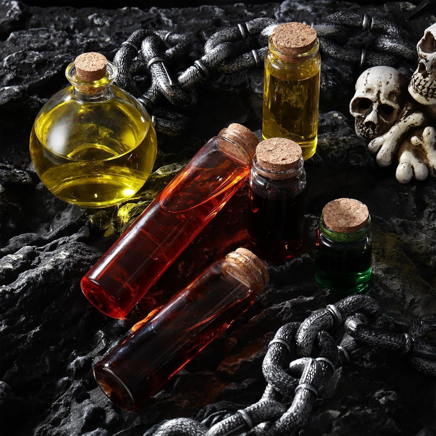12 Pcs Halloween Glass Potion Bottle with Corks 6 Size Assorted Mini Glass Bottle Clear Message Jars with 2 Funnels for Halloween Decoration Party Favor Costume Prop DIY Crafts Witchcraft Supplies