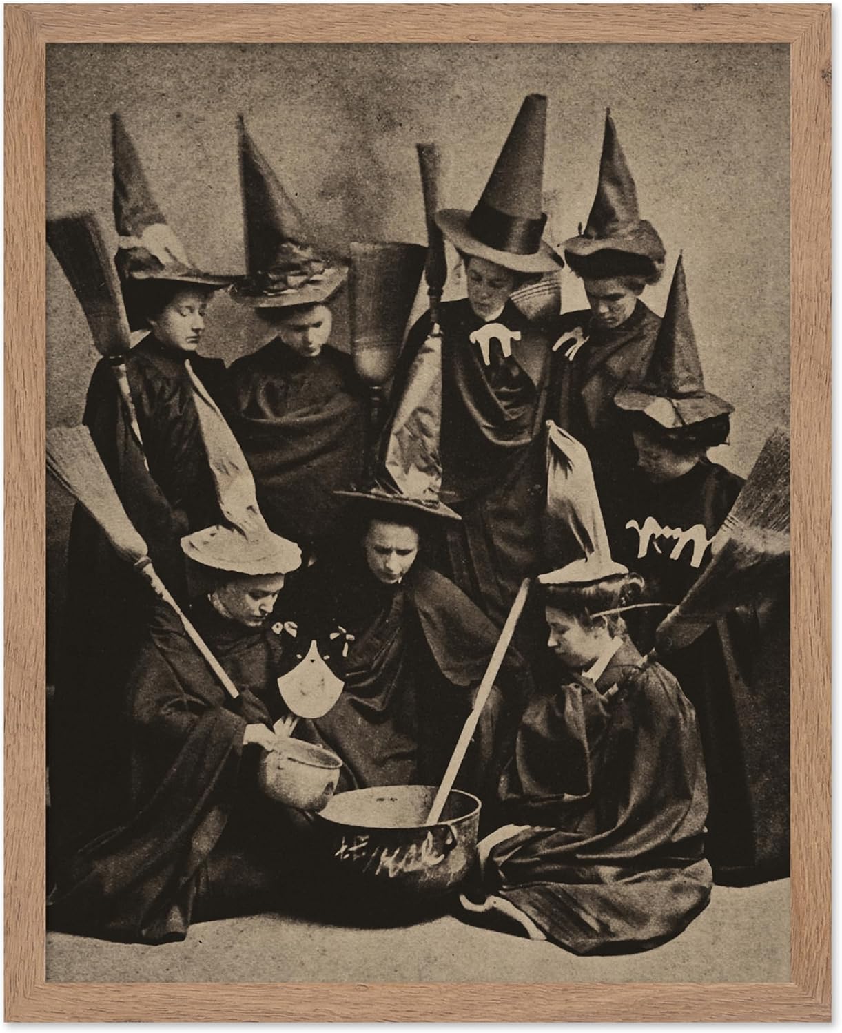 Poster Master Vintage Photograph Poster - Retro Halloween Print - Gift for Artist, Friend - Witches Cooking, Pointy Hats, Broomsticks, Black Magic - Wall Decor for Bedroom, 16x20 Beige Framed