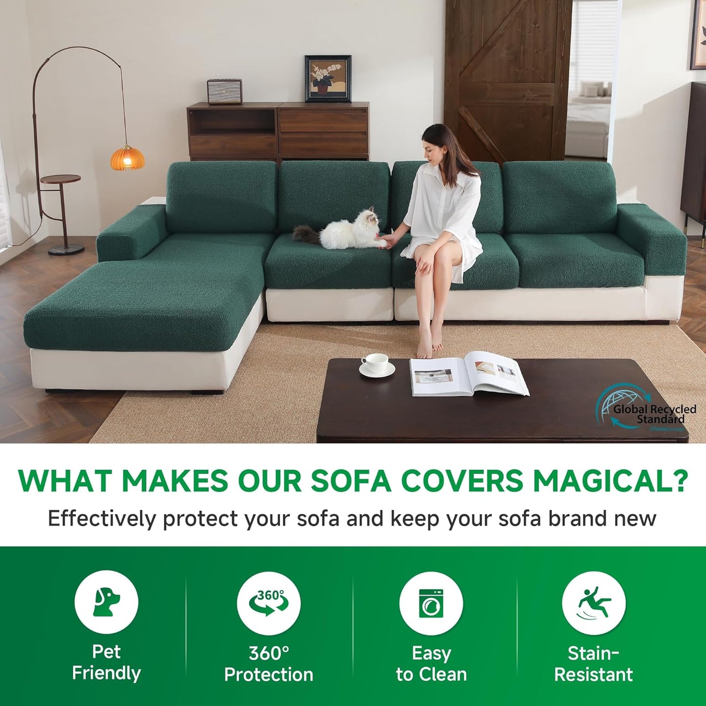 Couch Cushion Covers for Sectional Sofa, Stretch Soft Sofa Slipcovers Washable Wear-Resistant Universal Furniture Protector for Living Room(1 Piece Chaise Cover, Green)