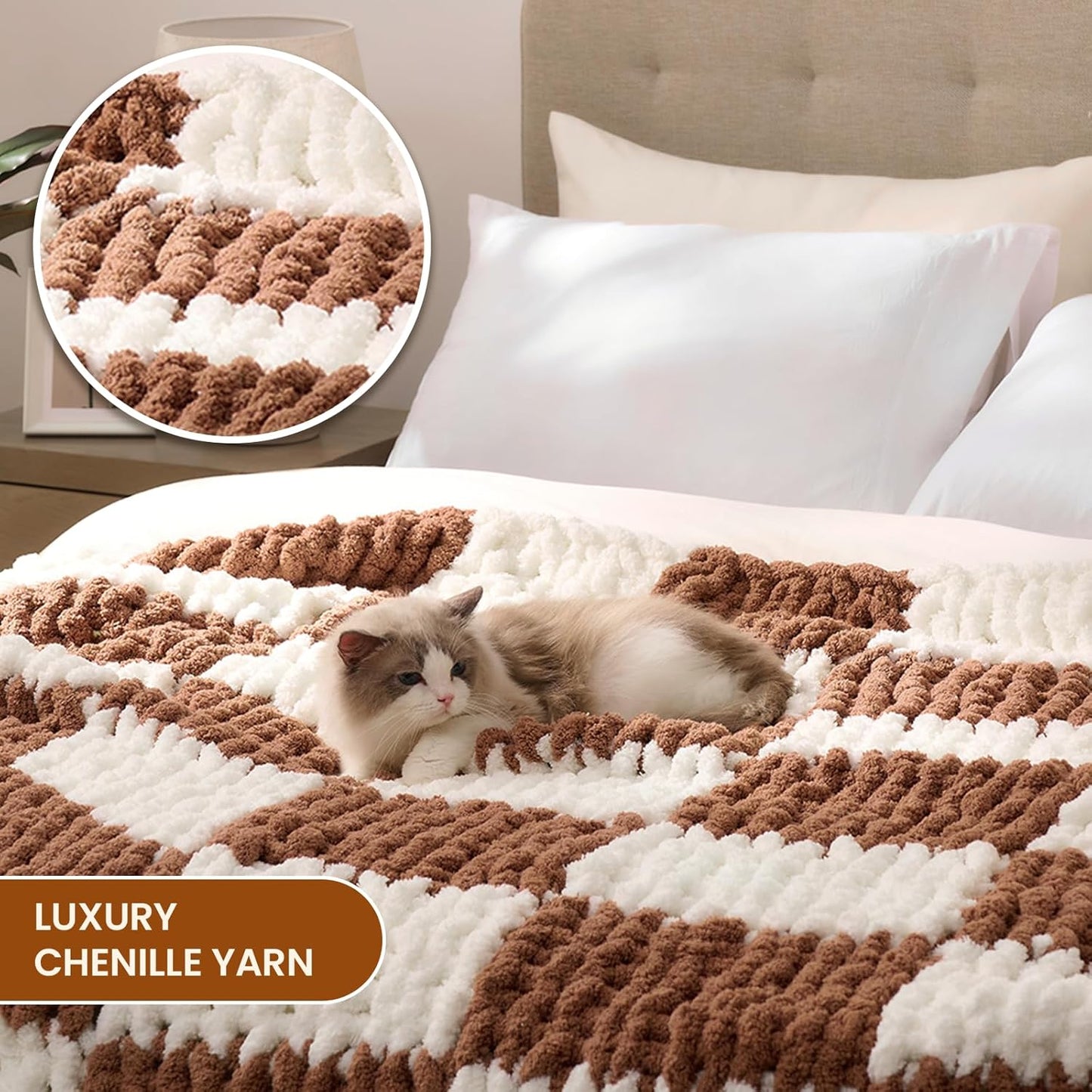 L'AGRATY Chunky Knit Blanket Throw: 60''x80'' Chenille Chunky Knitted Throw Blankets for Twin Bed Couch - Handmade Thick Cable Knit Blanket - Large Crochet Blankets for Home Decor(Brown Checkered)