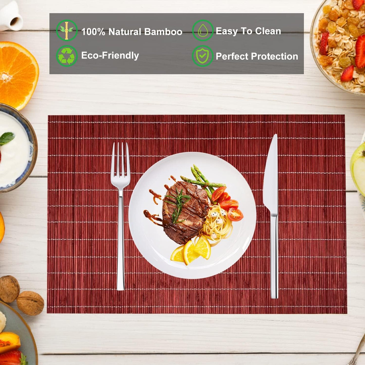 ANDSTAR Set of 8 Pcs Bamboo Placemats Natural Anti-Slip Bamboo Placemats Washable Heat-Resistant Table Mats for Dining Room and Kitchen （Red）