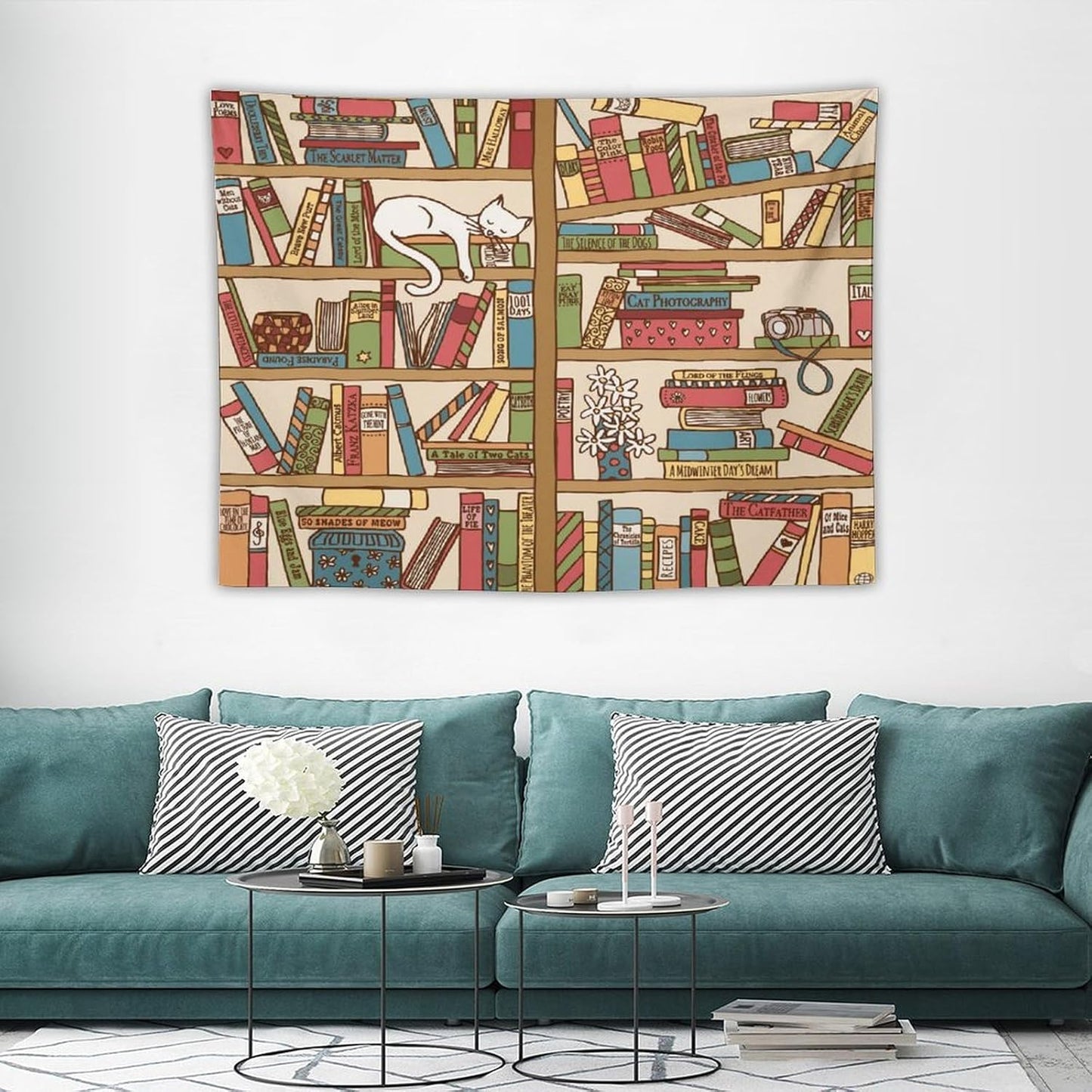 Kurtect Bookshelf Tapestry,Cute Cartoon Cat Sleeping Library Theme Pattern Print Tapestries for Party Beach Picnic Blankets Tablecloths Living Room Wall Deocr, 30x40 in