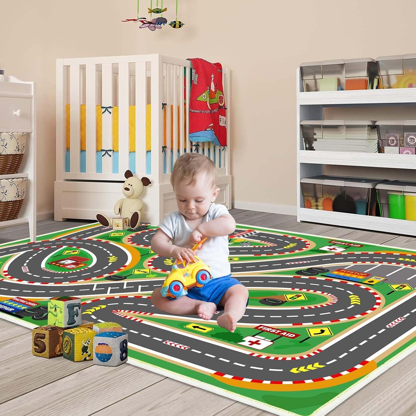Kids Rug Play mat Playroom Rugs Car Rugs for Kids Toy Cars Race Track for Classroom Rug (Race-Green, 3.3x4.9ft)