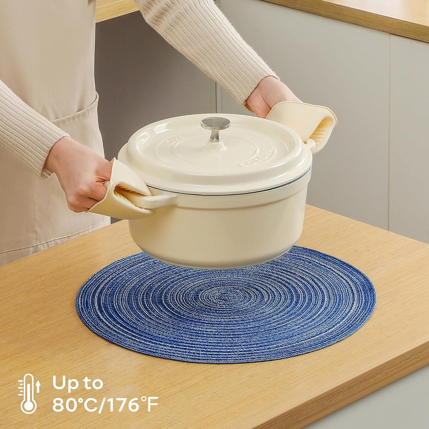 Leetaltree Round Placemats Heat and Slip Resistant Cotton Table Mats, Washable Bohemian Placemats for Dining Tables (Denim Blue, Set of 4)