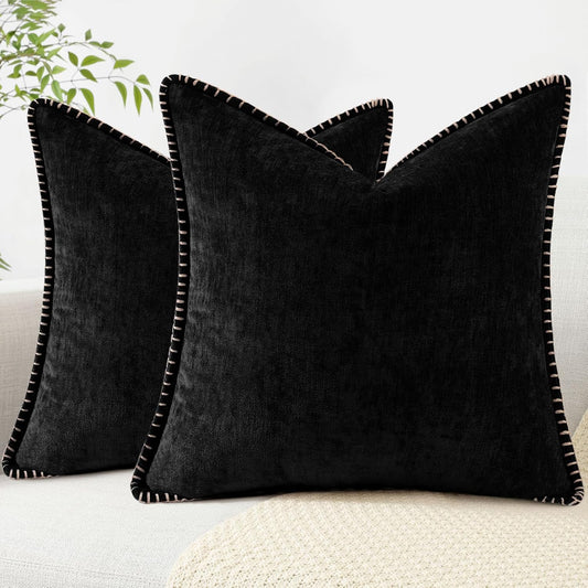 decorUhome Chenille Soft Throw Pillow Covers 22x22 Set of 2, Farmhouse Velvet Neutral Decorative Euro Pillow Covers with Stitched Edge for Couch Sofa Bed Home Decor, Black