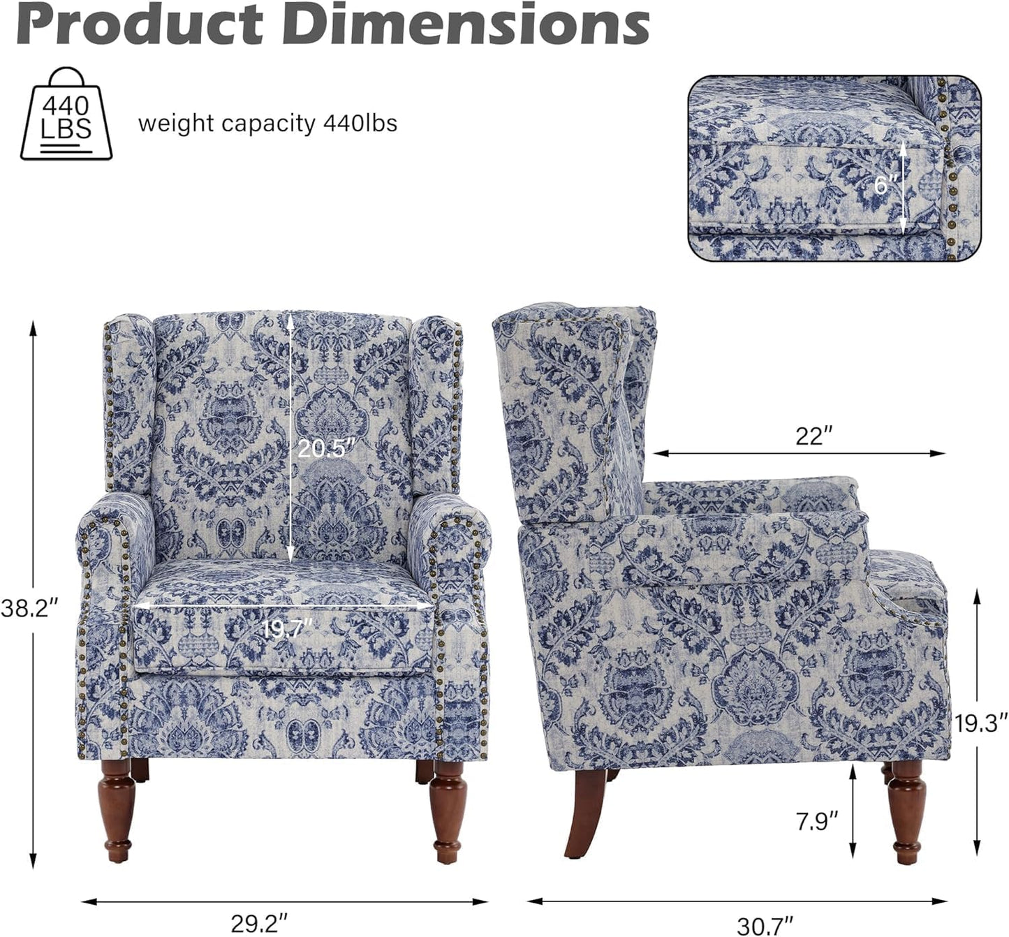 UIXE High Back Floral Accent Chair, Fabric Upholstered Armchair for Living Room, Retro Wingback Arm Chair with Solid Wood Legs, Nailhead Trim Single Sofa Bedroom Reading Seat - Navy Blue