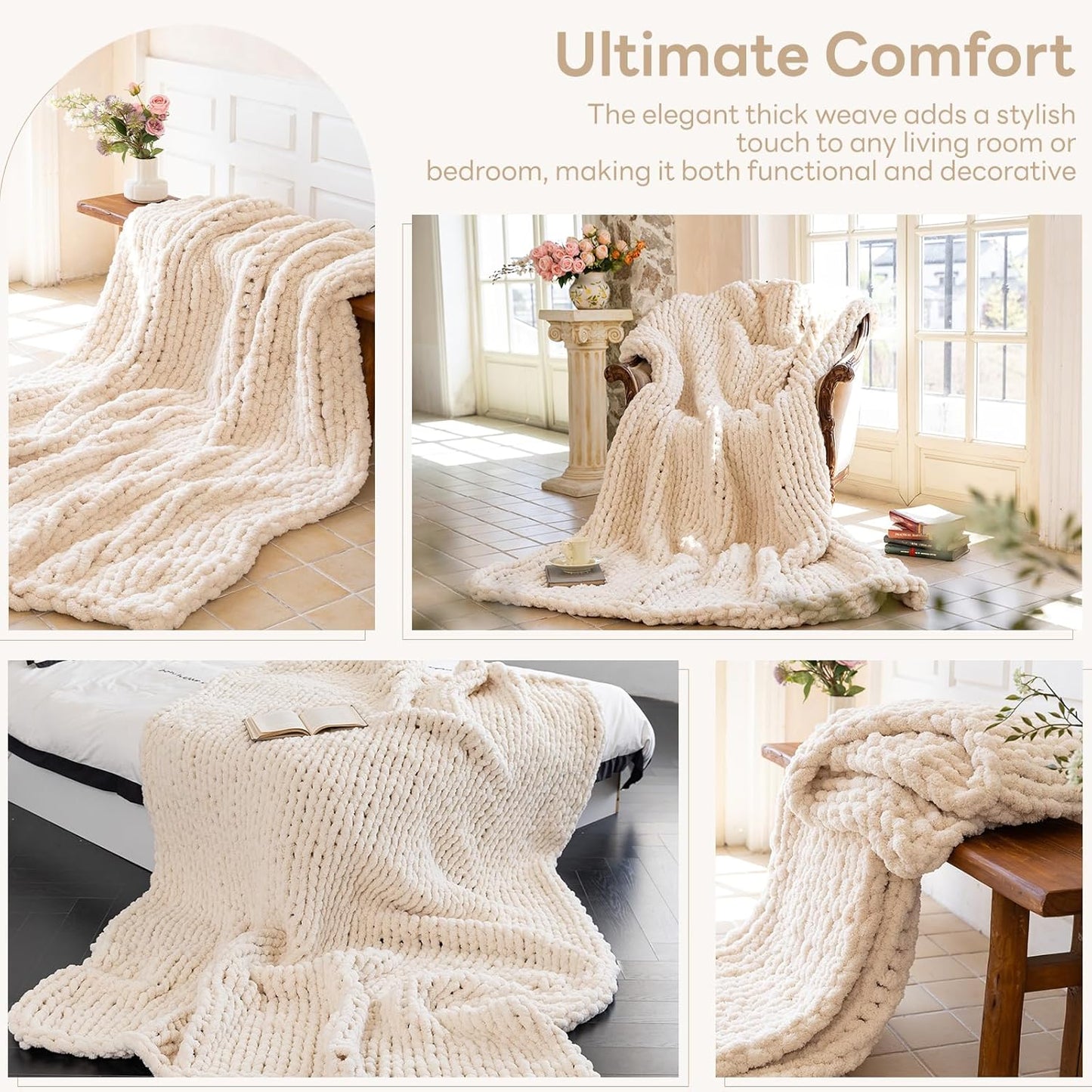 Chunky Knit Blanket - Luxury Soft Cozy 61 * 79 Bold Throw Blanket,100% Woven Blanket Rope Knot Throw Blanket for Couch, Sofa, Home Decor, Gift - Machine Washable（Cream）